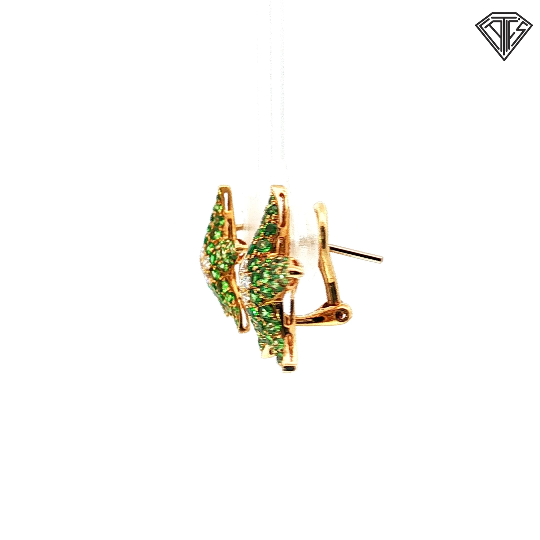18k Yellow Gold 1.00ct Green Tsavorite /.15ct F VS2 Round Diamond Starfish Omega Back Earrings 4.8 gram 5/8"inch