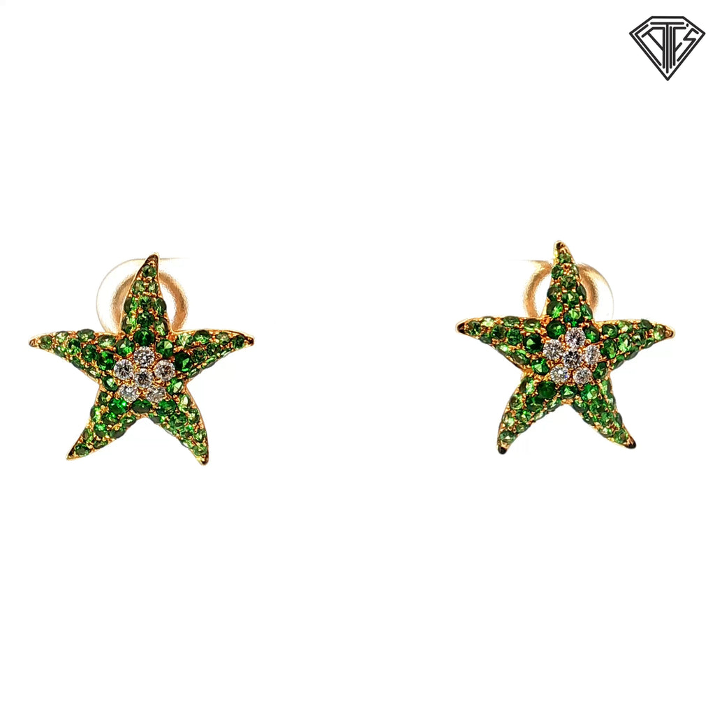 18k Yellow Gold 1.00ct Green Tsavorite /.15ct F VS2 Round Diamond Starfish Omega Back Earrings 4.8 gram 5/8"inch