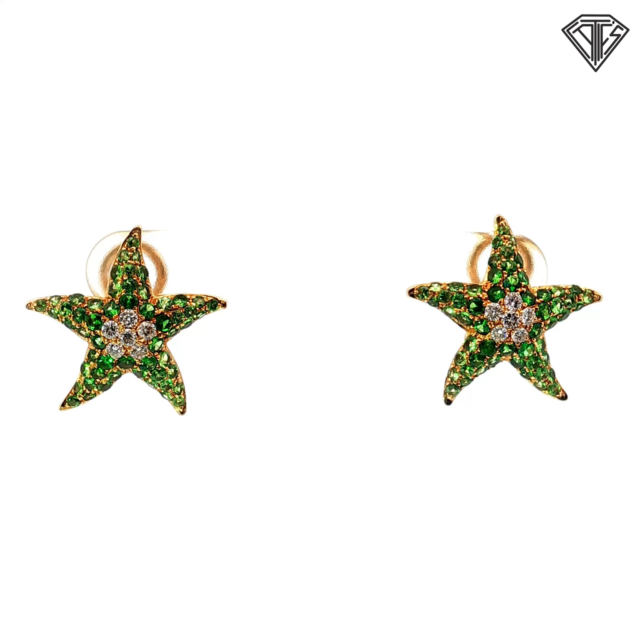 18k Yellow Gold 1.00ct Green Tsavorite /.15ct F VS2 Round Diamond Starfish Omega Back Earrings 4.8 gram 5/8"inch