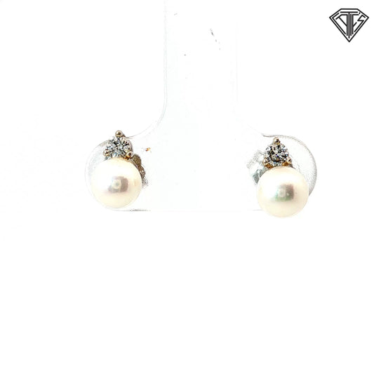 14k White Gold .10ct G SI1 Round Diamond / Pearl 6mm Stud Earrings