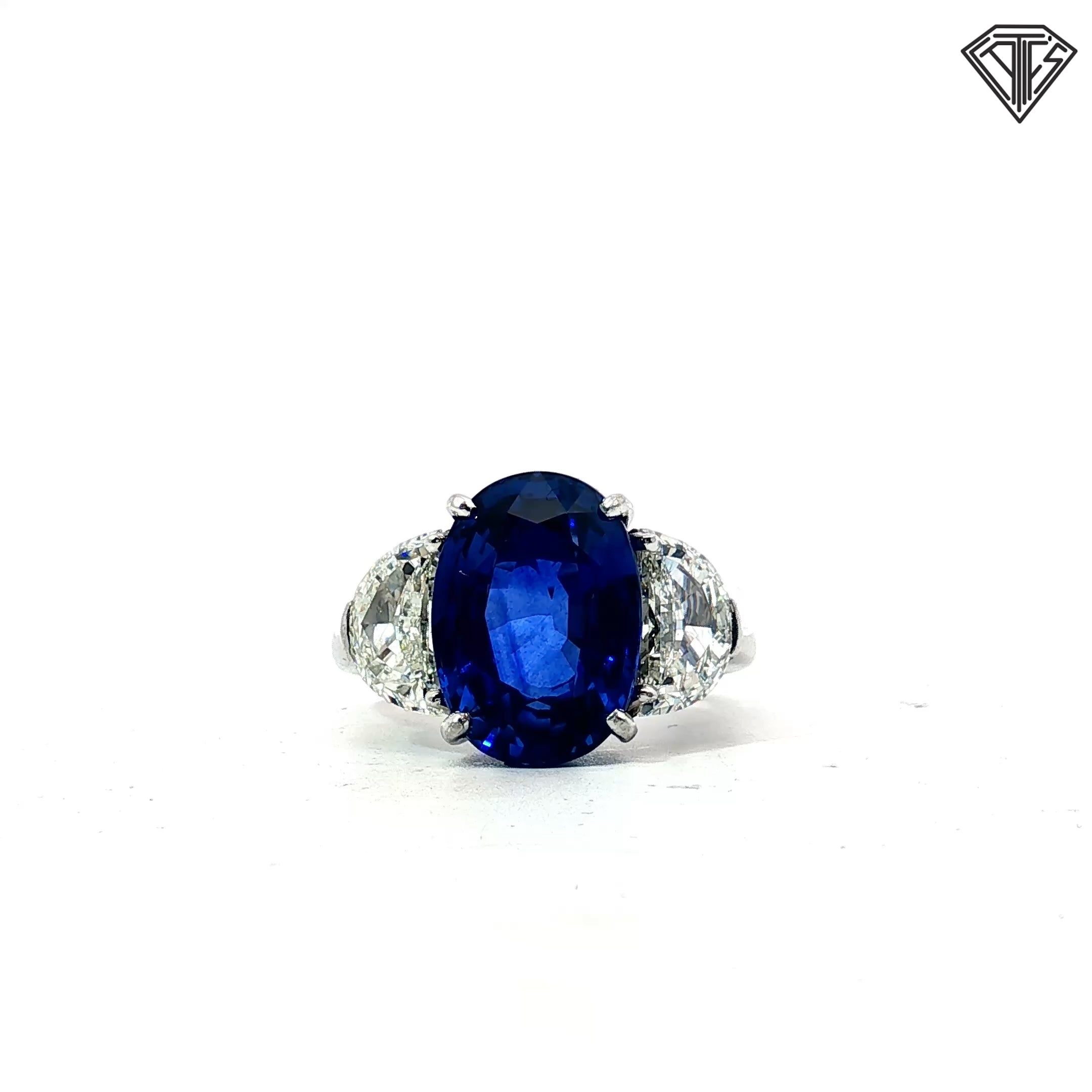 GIA #1232933955 10.12 Sapphire Sri Lanka Heat Set in platinum alongside 2 half moons appx. 2.1ct H-I Si1-Vs2