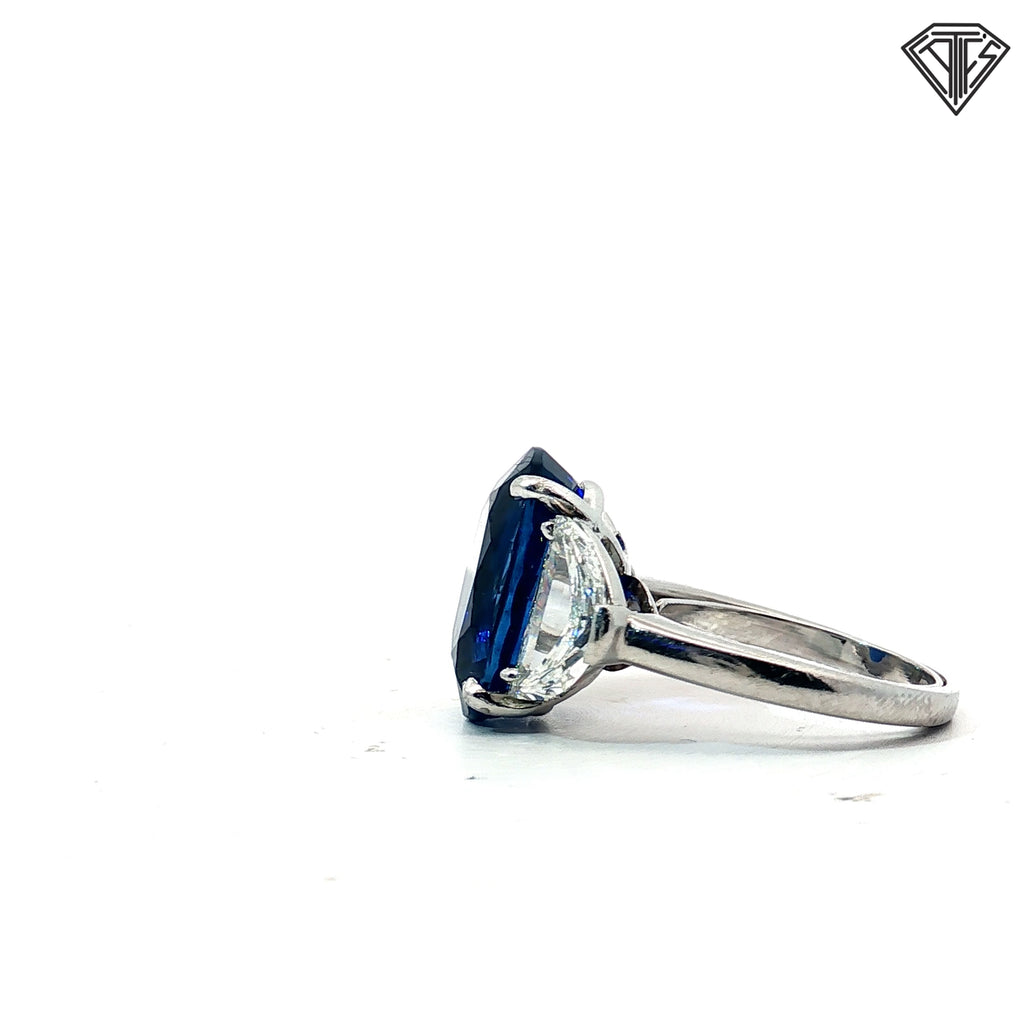 GIA #1232933955 10.12 Sapphire Sri Lanka Heat Set in platinum alongside 2 half moons appx. 2.1ct H-I Si1-Vs2