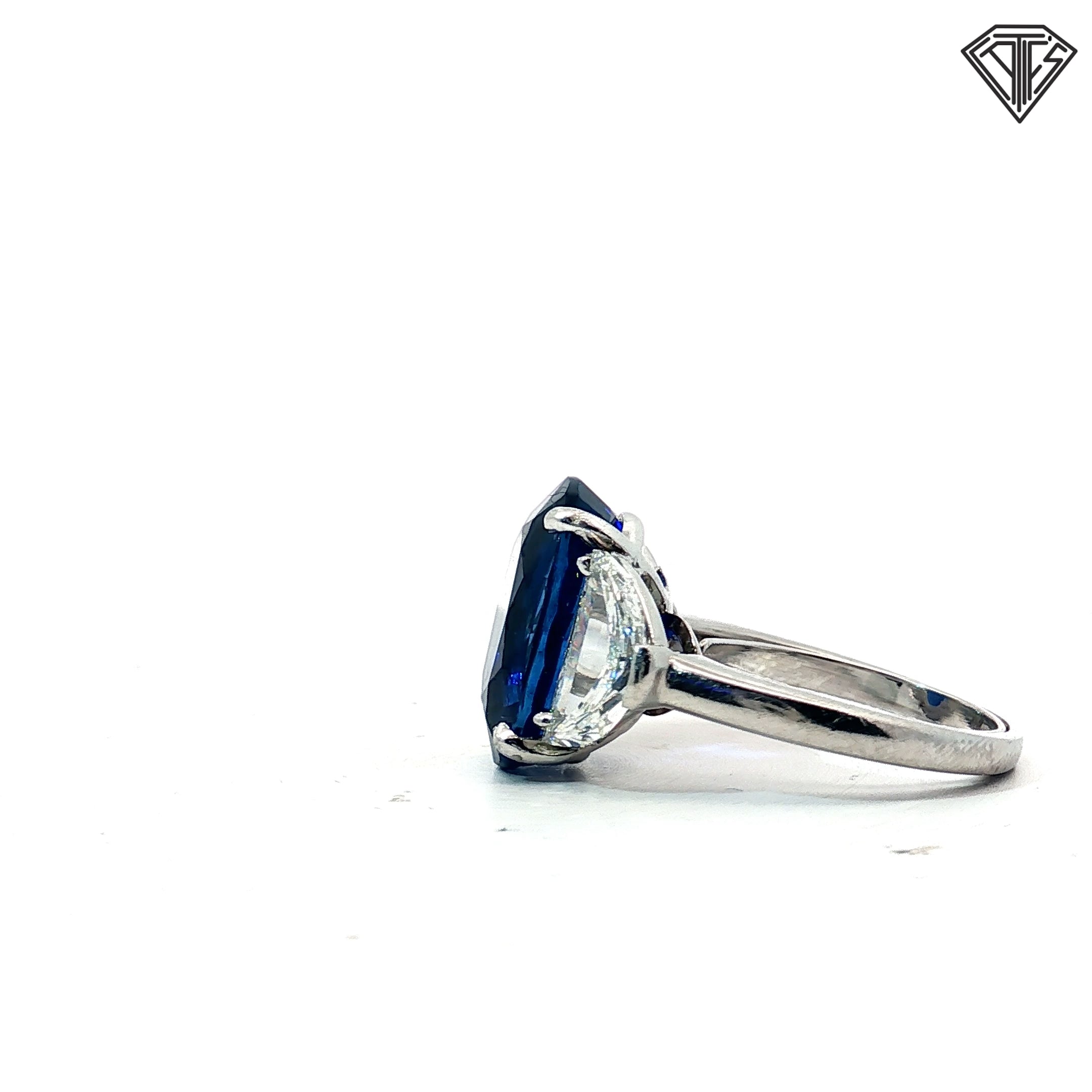 GIA #1232933955 10.12 Sapphire Sri Lanka Heat Set in platinum alongside 2 half moons appx. 2.1ct H-I Si1-Vs2