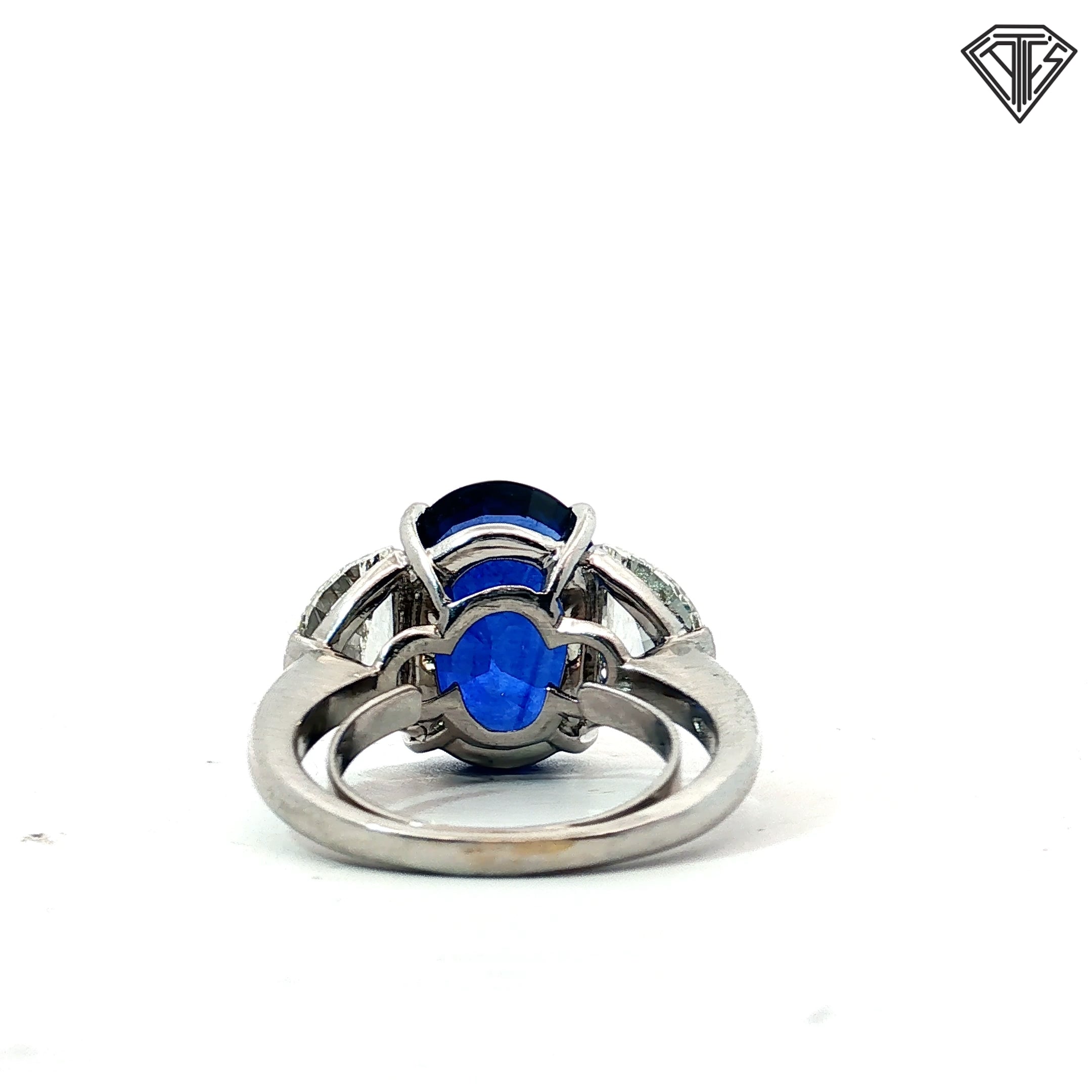 GIA #1232933955 10.12 Sapphire Sri Lanka Heat Set in platinum alongside 2 half moons appx. 2.1ct H-I Si1-Vs2