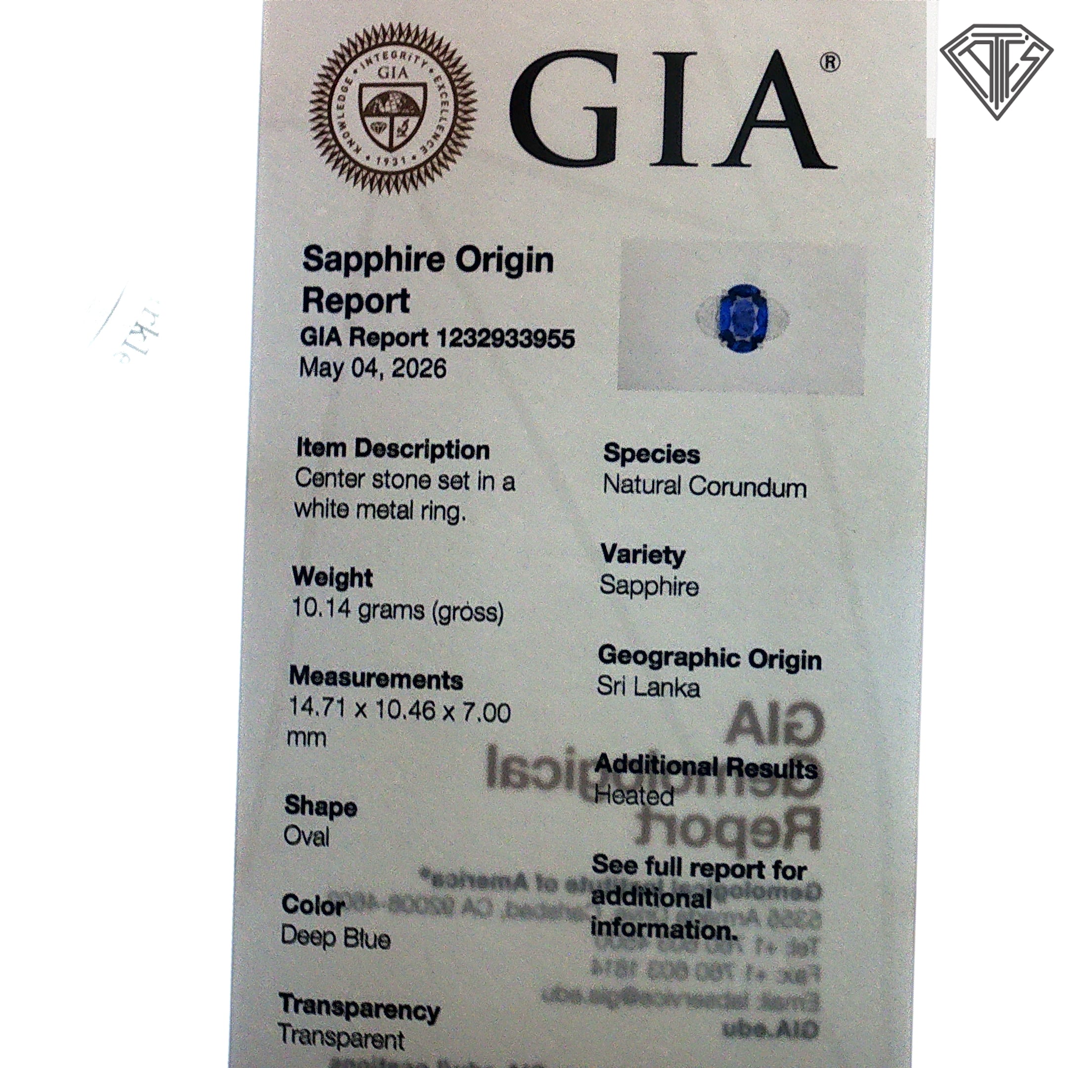 GIA #1232933955 10.12 Sapphire Sri Lanka Heat Set in platinum alongside 2 half moons appx. 2.1ct H-I Si1-Vs2