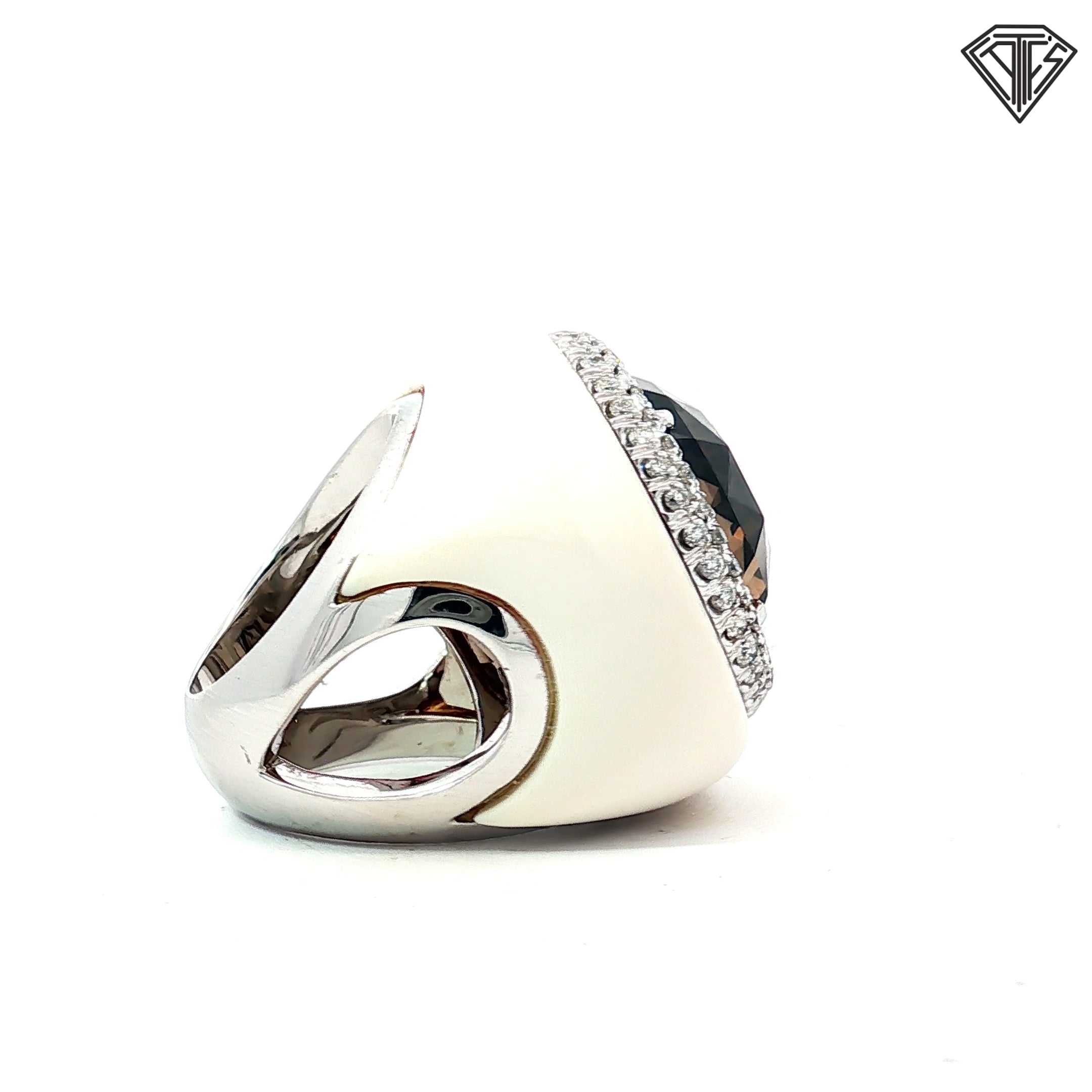 18k White Gold 1.00ct F VS2 Round Diamond/ Round Smokey Topaz 18mm / White Agate Ring 38.3 gram Size 7