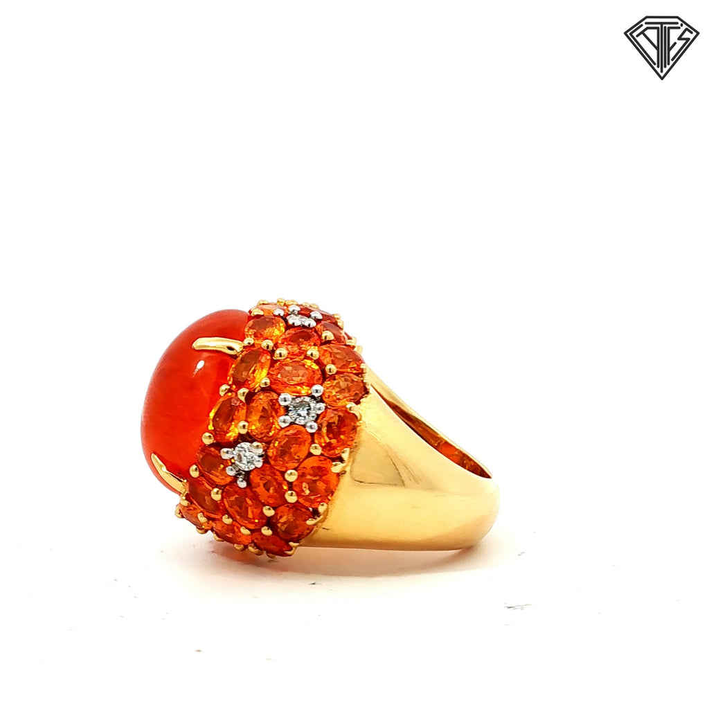 18k Yellow Gold Cabochon Mexican Opal Approx. 20.00ct 18x 15  /accented by Approx. 10.00ct 6x4 in Orange Sapphire /.24ct G VS2 Round Diamond Ring 26 gram  Size 7