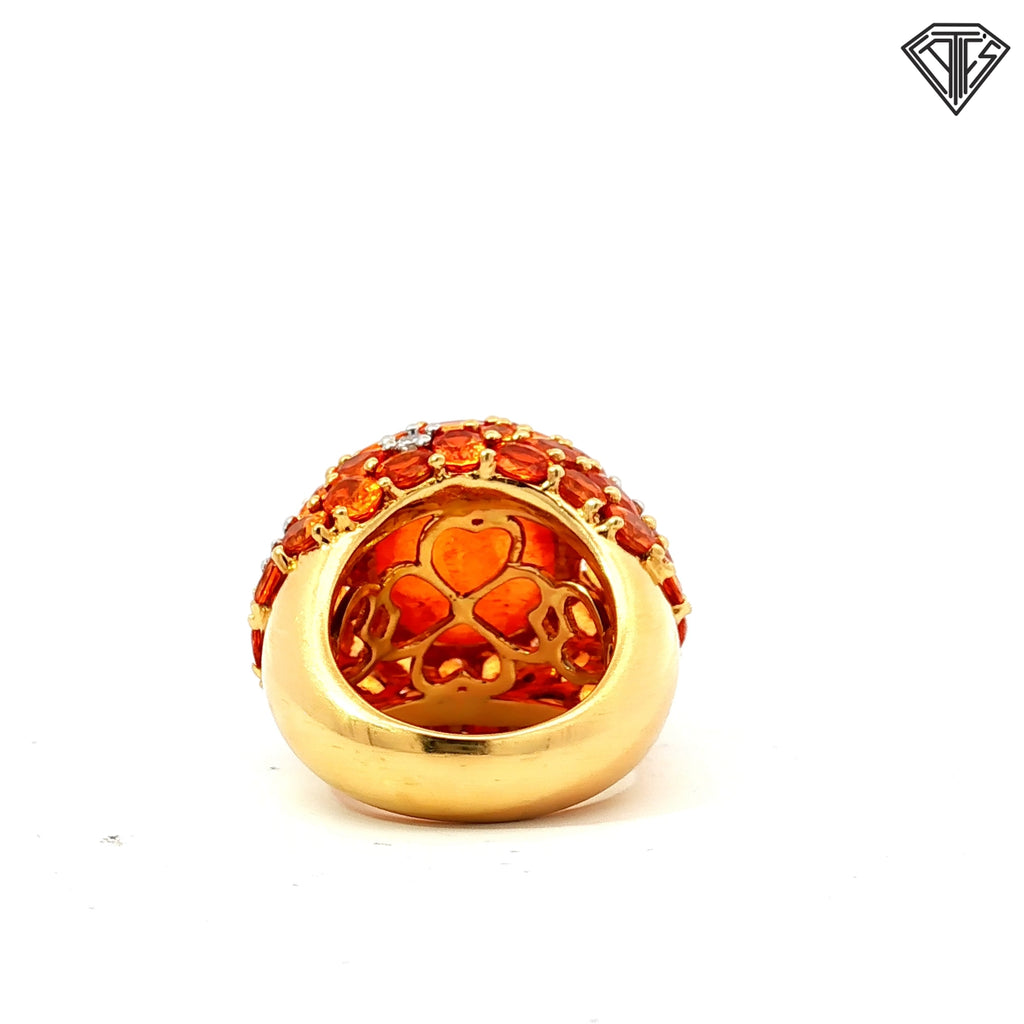 18k Yellow Gold Cabochon Mexican Opal Approx. 20.00ct 18x 15  /accented by Approx. 10.00ct 6x4 in Orange Sapphire /.24ct G VS2 Round Diamond Ring 26 gram  Size 7