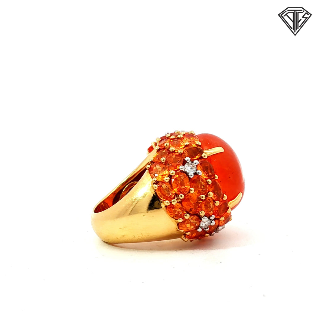 18k Yellow Gold Cabochon Mexican Opal Approx. 20.00ct 18x 15  /accented by Approx. 10.00ct 6x4 in Orange Sapphire /.24ct G VS2 Round Diamond Ring 26 gram  Size 7
