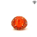 18k Yellow Gold Cabochon Mexican Opal Approx. 20.00ct 18x 15  /accented by Approx. 10.00ct 6x4 in Orange Sapphire /.24ct G VS2 Round Diamond Ring 26 gram  Size 7