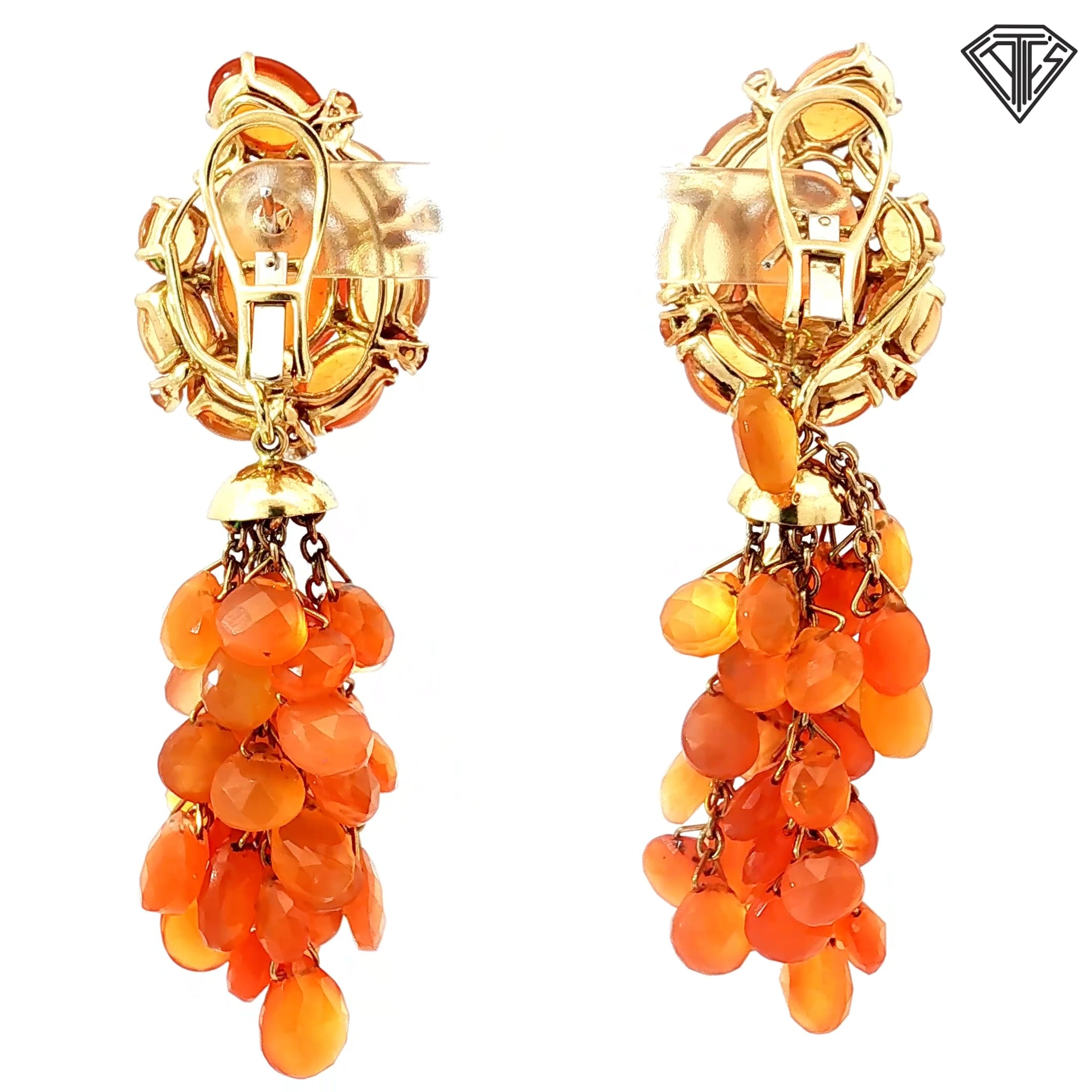 18k Yellow Gold 100ct Mexican Fire Opal / Cabochon and Briolette /.40ct G VS2 Round Diamond Chandelier Clips/Dangle Earrings  Design by Sazingg 36 gram