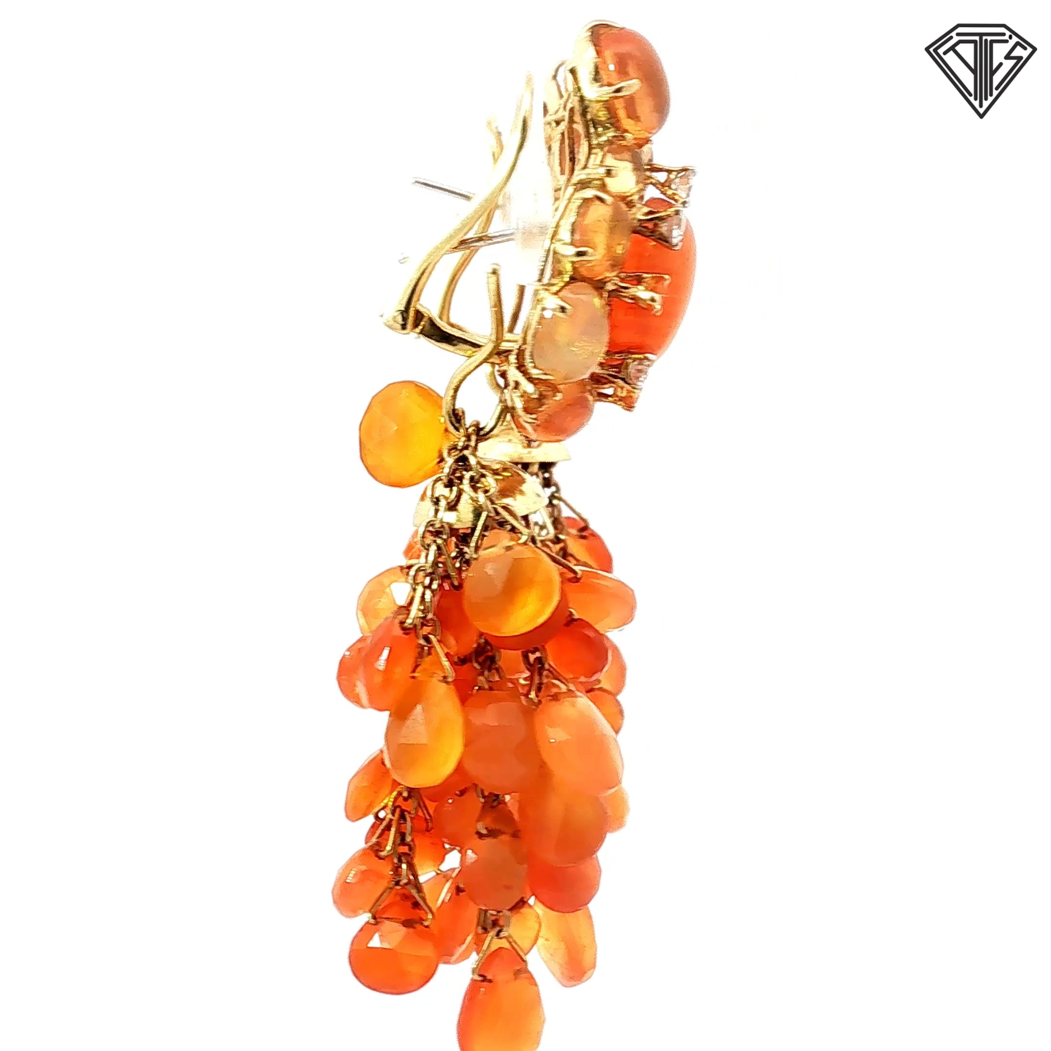 18k Yellow Gold 100ct Mexican Fire Opal / Cabochon and Briolette /.40ct G VS2 Round Diamond Chandelier Clips/Dangle Earrings  Design by Sazingg 36 gram