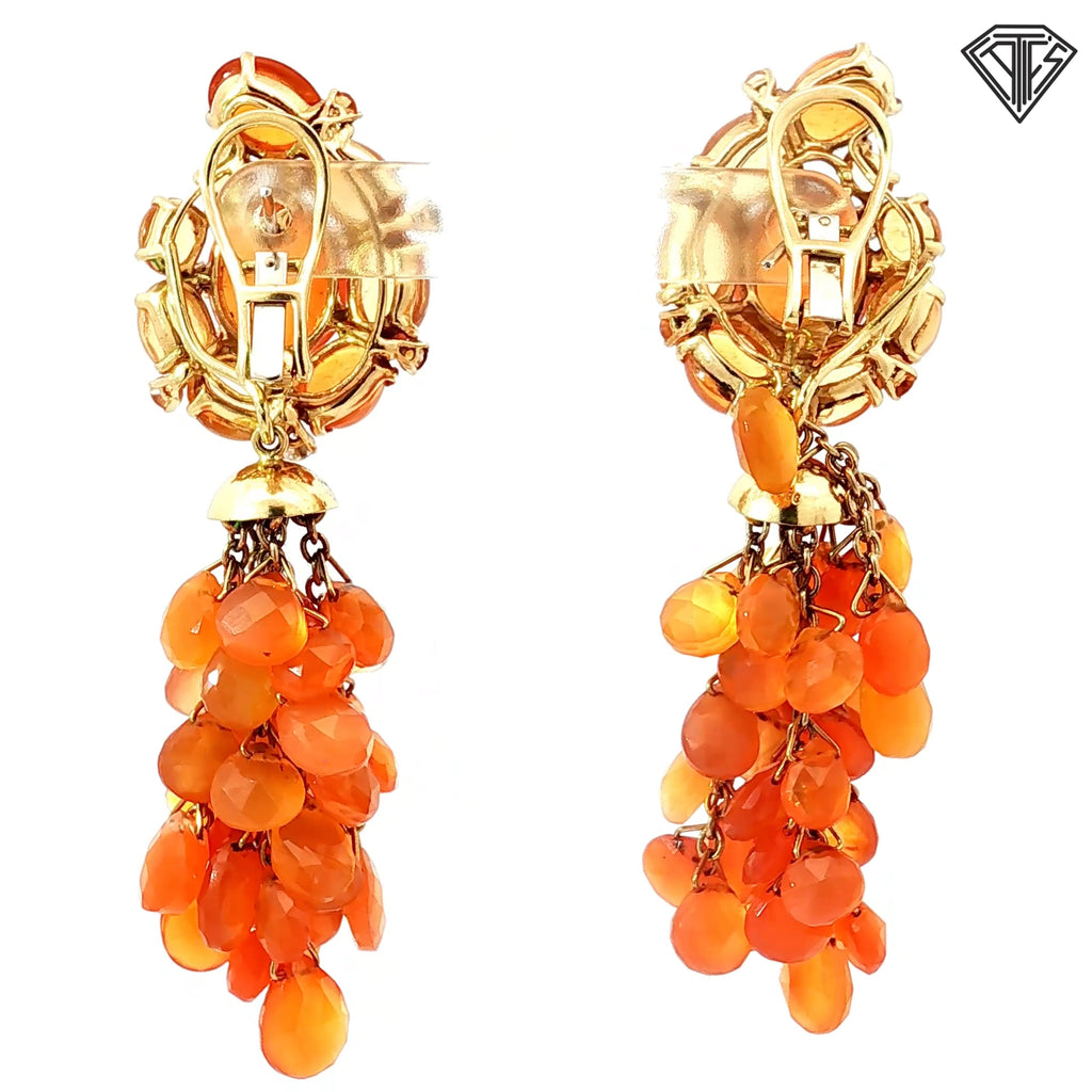 18k Yellow Gold 100ct Mexican Fire Opal / Cabochon and Briolette /.40ct G VS2 Round Diamond Chandelier Clips/Dangle Earrings  Design by Sazingg 36 gram