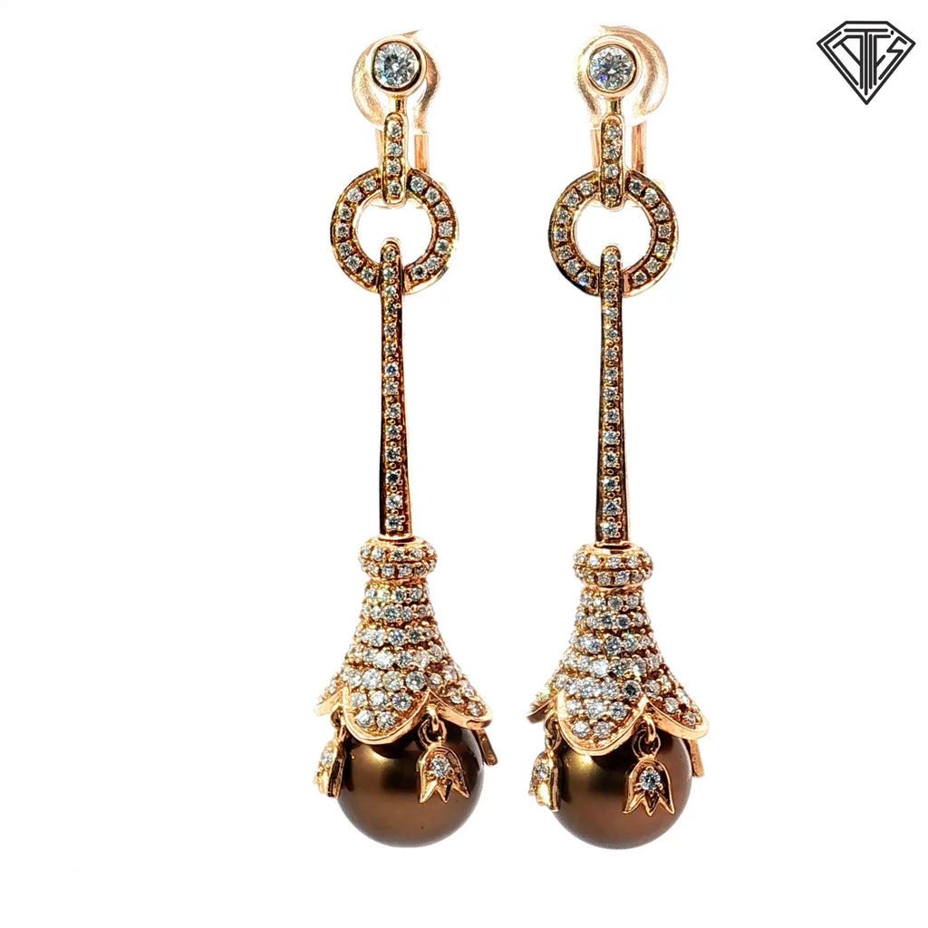 18k Rose Gold 1.50ct F VS2 Round Diamond / 12mm Chocolate and Salt Water Cultured Pearl Drop Earrings 2 1/2" Long  20 gram