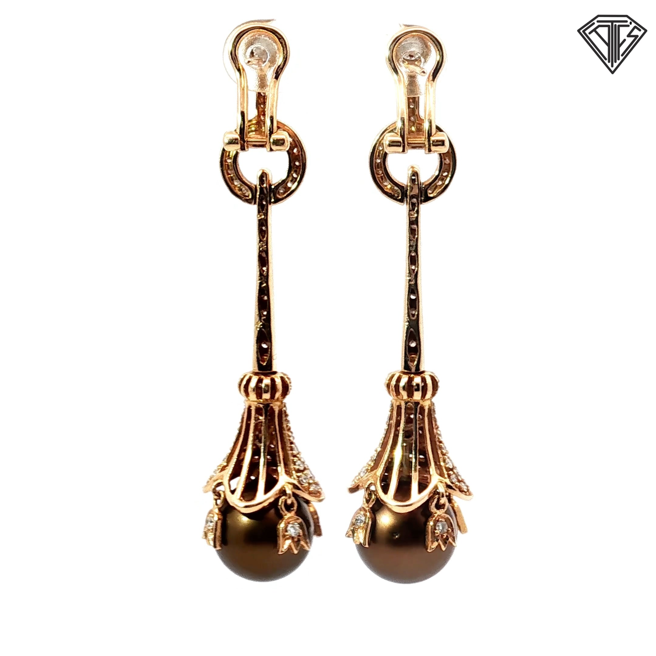 18k Rose Gold 1.50ct F VS2 Round Diamond / 12mm Chocolate and Salt Water Cultured Pearl Drop Earrings 2 1/2" Long  20 gram