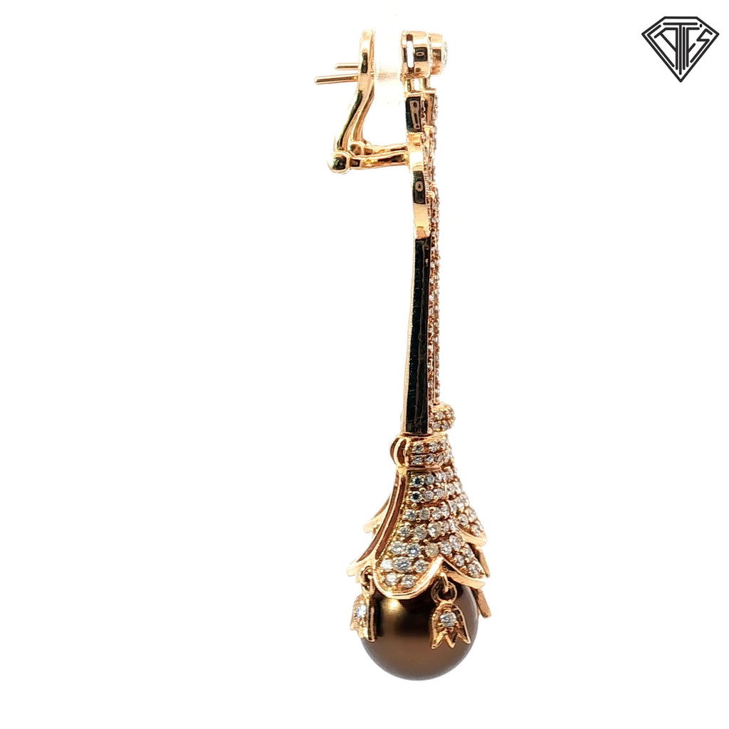 18k Rose Gold 1.50ct F VS2 Round Diamond / 12mm Chocolate and Salt Water Cultured Pearl Drop Earrings 2 1/2" Long  20 gram