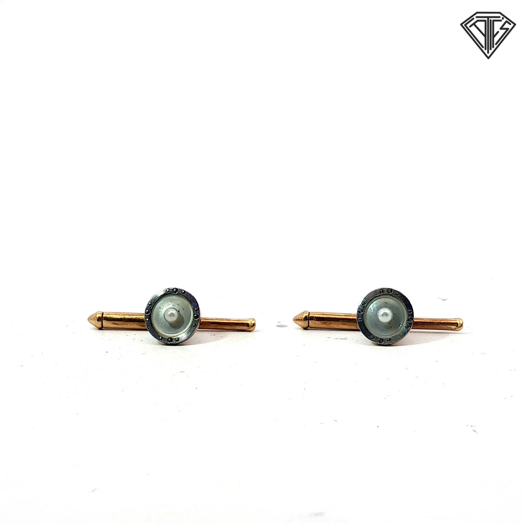 14k Yellow Gold Cuff Links with Round Pearls 1"inch