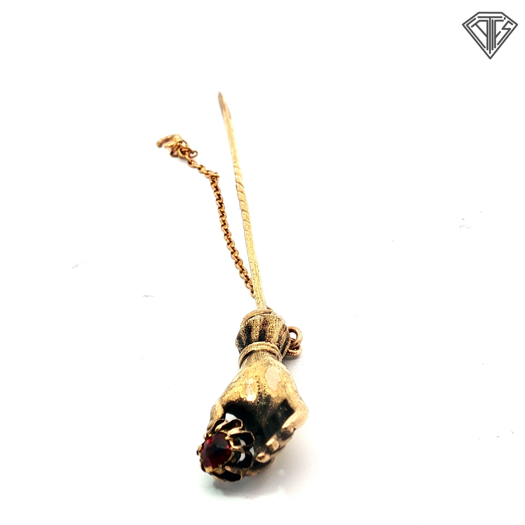18k Yellow Gold .20ct Round Garnet Vintage Stick Pin Hand Holding Garnet Design