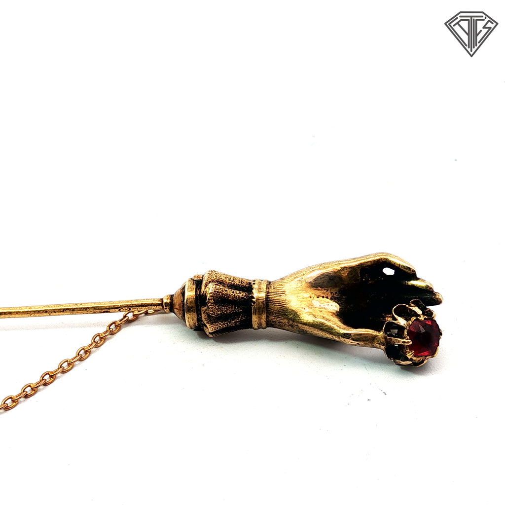 18k Yellow Gold .20ct Round Garnet Vintage Stick Pin Hand Holding Garnet Design