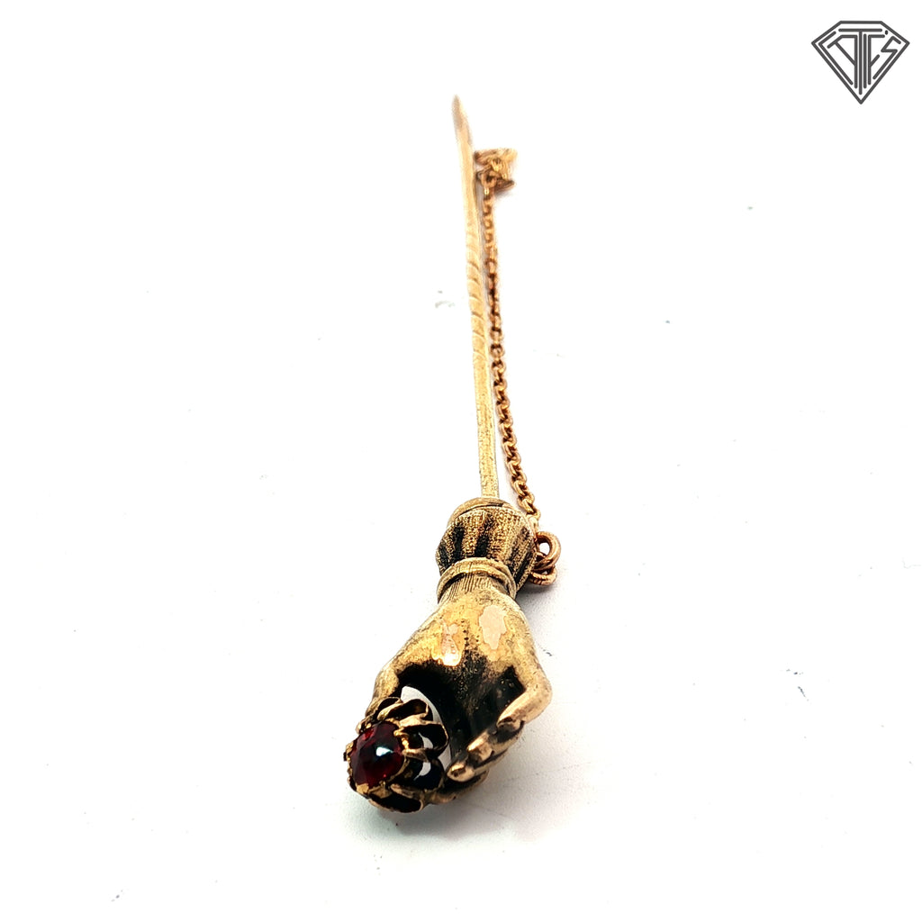 18k Yellow Gold .20ct Round Garnet Vintage Stick Pin Hand Holding Garnet Design