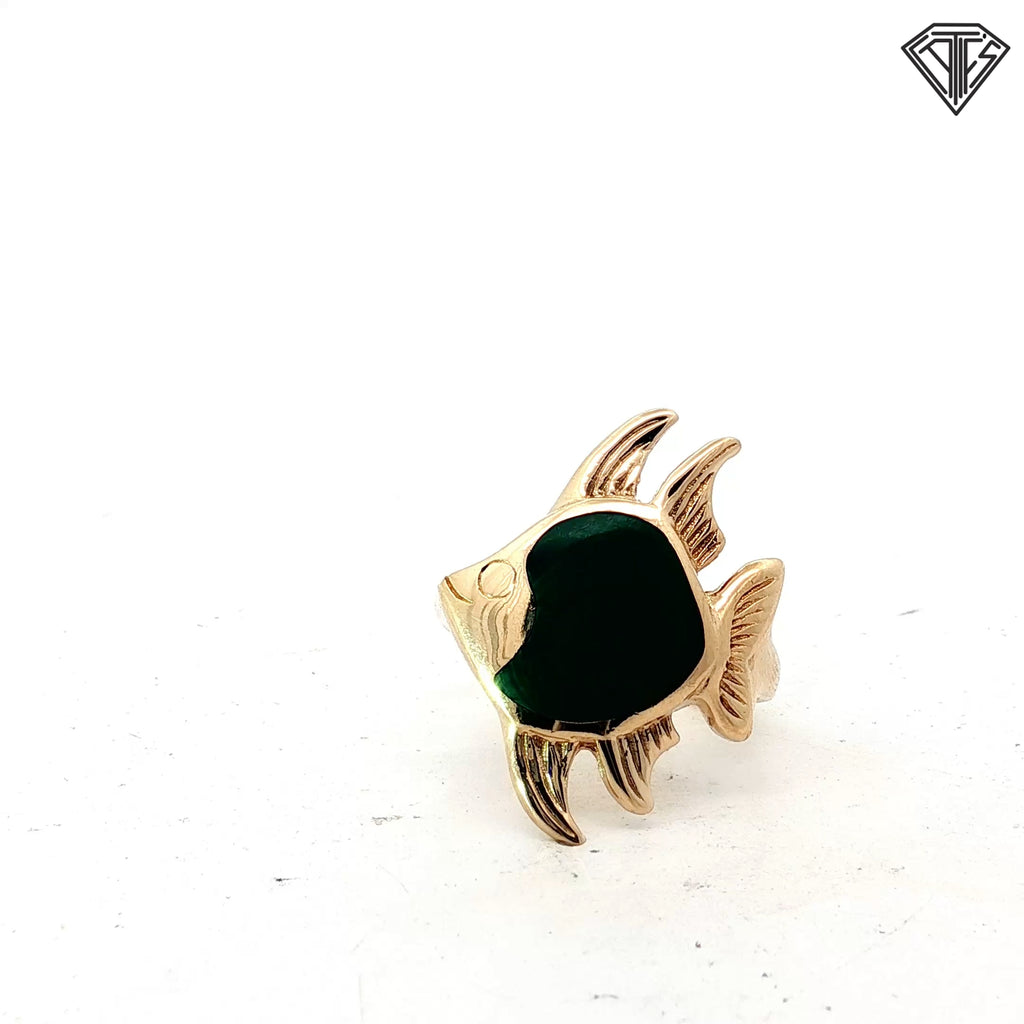 Vintage Kabana 14k Yellow Gold  Malachite Inlay Angel Fish Ring Size 7
