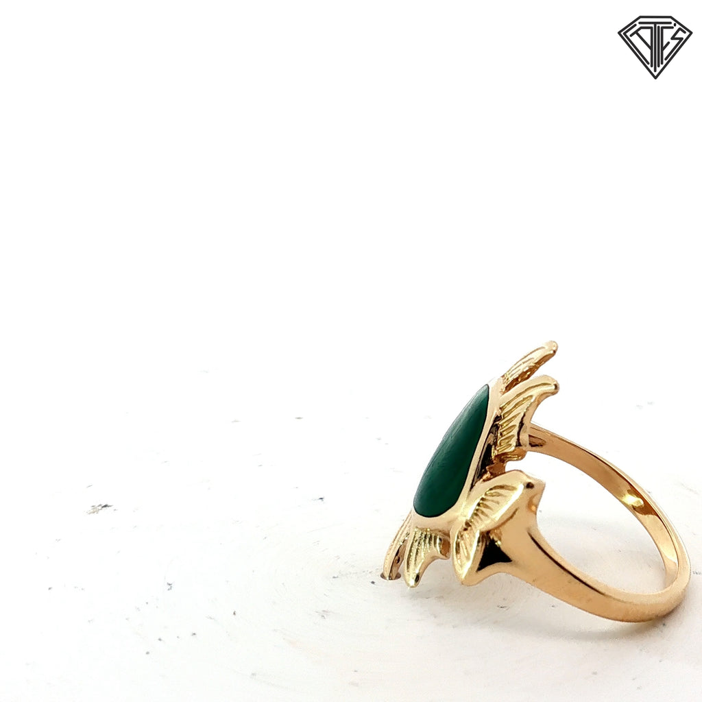 Vintage Kabana 14k Yellow Gold  Malachite Inlay Angel Fish Ring Size 7