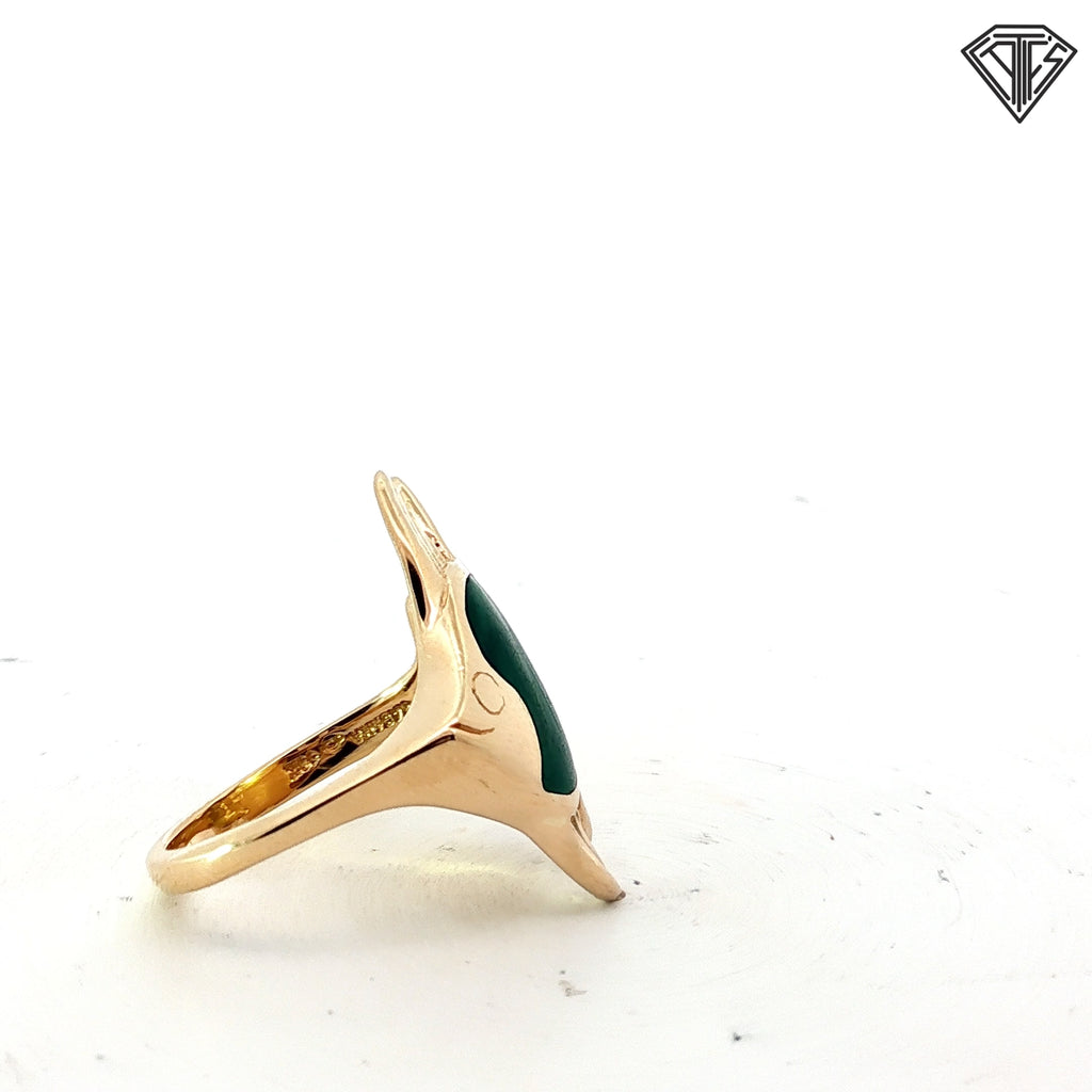 Vintage Kabana 14k Yellow Gold  Malachite Inlay Angel Fish Ring Size 7