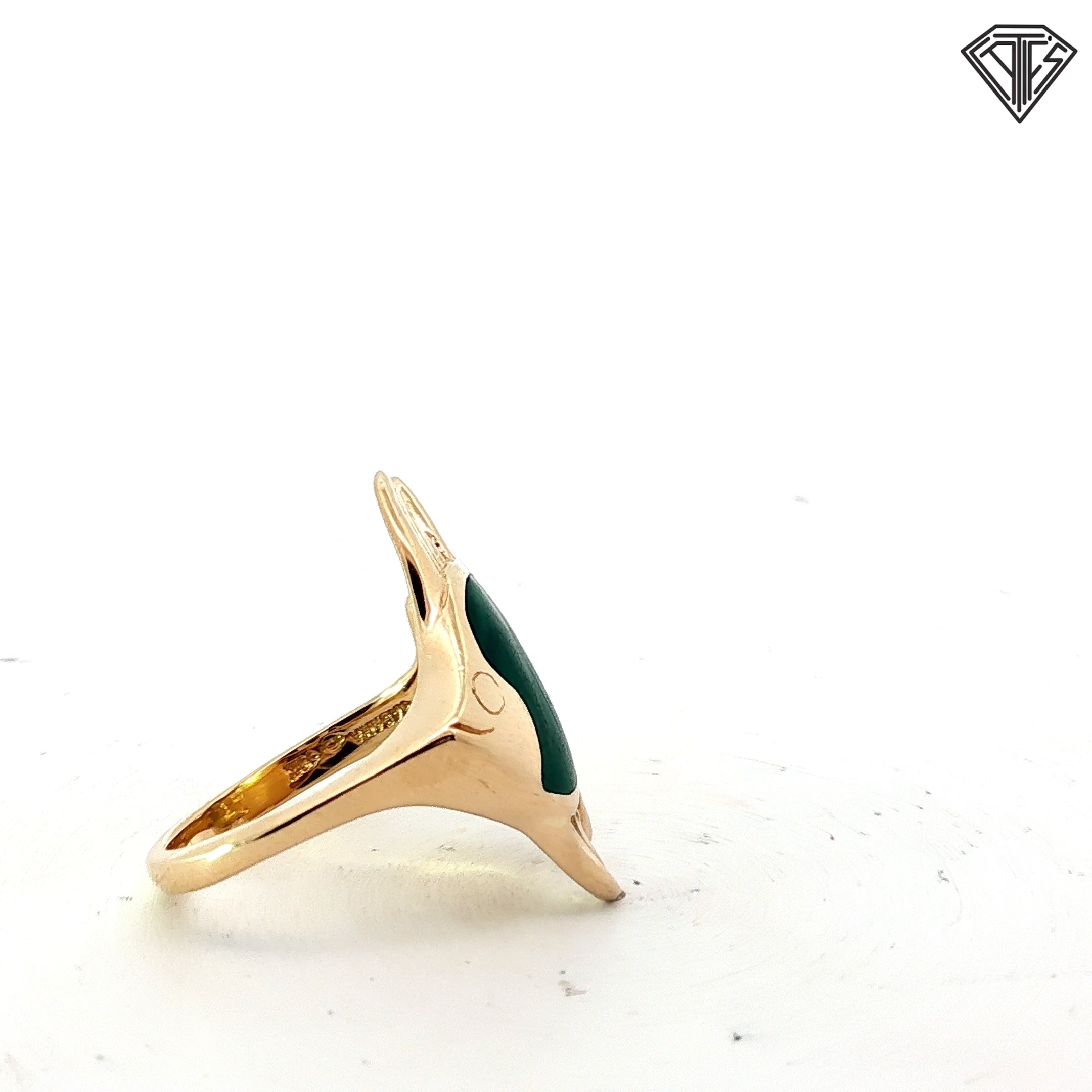 Vintage Kabana 14k Yellow Gold  Malachite Inlay Angel Fish Ring Size 7