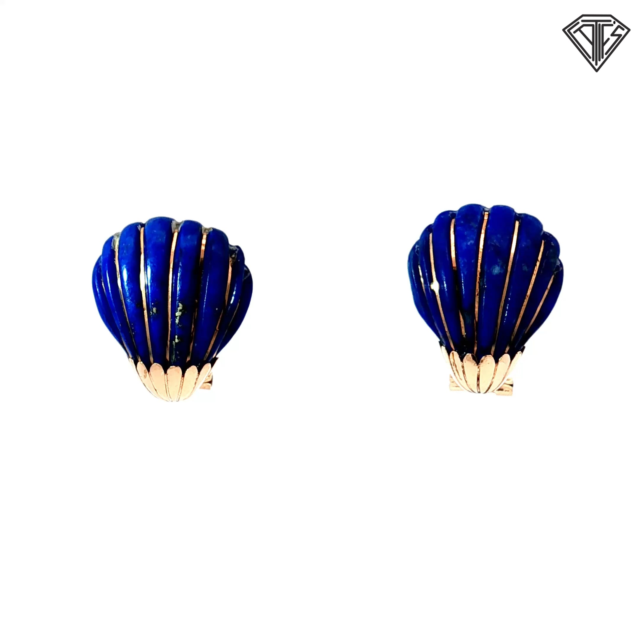14k Yellow Gold Carved Lapis Shell Clip-On Vintage Circa 1960's -1980's Earrings