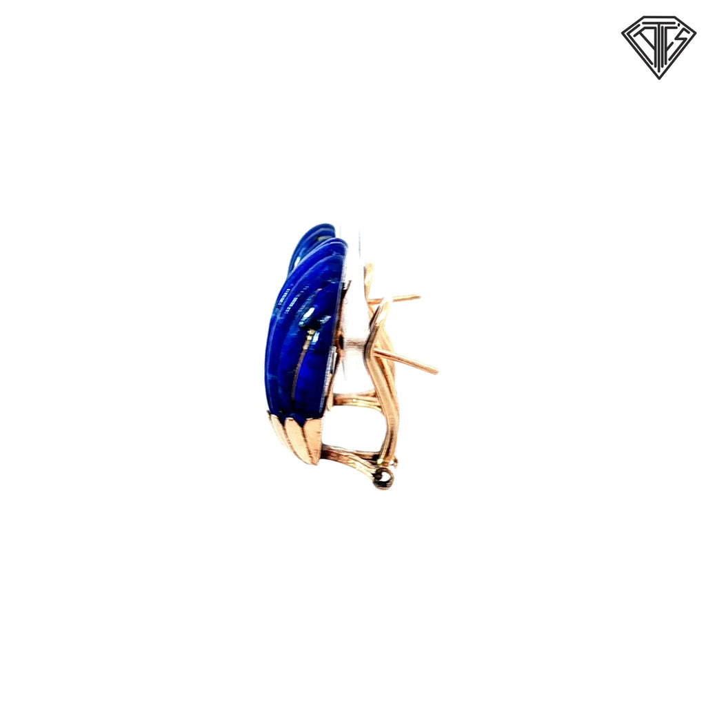 14k Yellow Gold Carved Lapis Shell Clip-On Vintage Circa 1960's -1980's Earrings