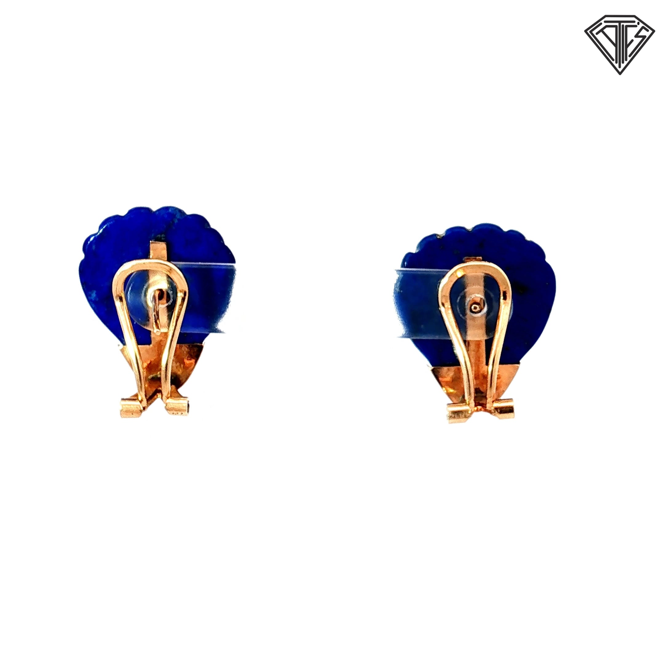 14k Yellow Gold Carved Lapis Shell Clip-On Vintage Circa 1960's -1980's Earrings