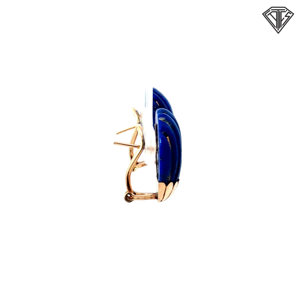 14k Yellow Gold Carved Lapis Shell Clip-On Vintage Circa 1960's -1980's Earrings