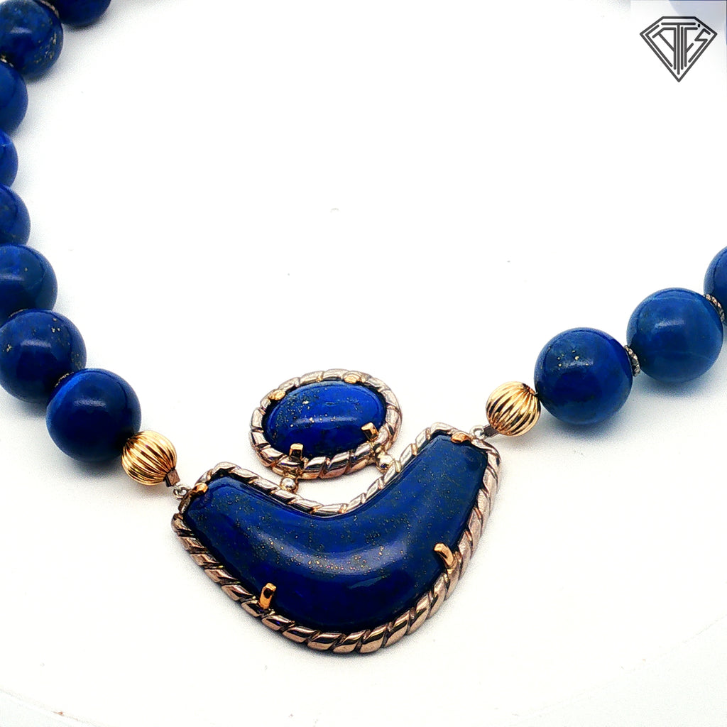 18k Yellow Gold and Silver Lapis Lazuli Bead 15mm Necklace