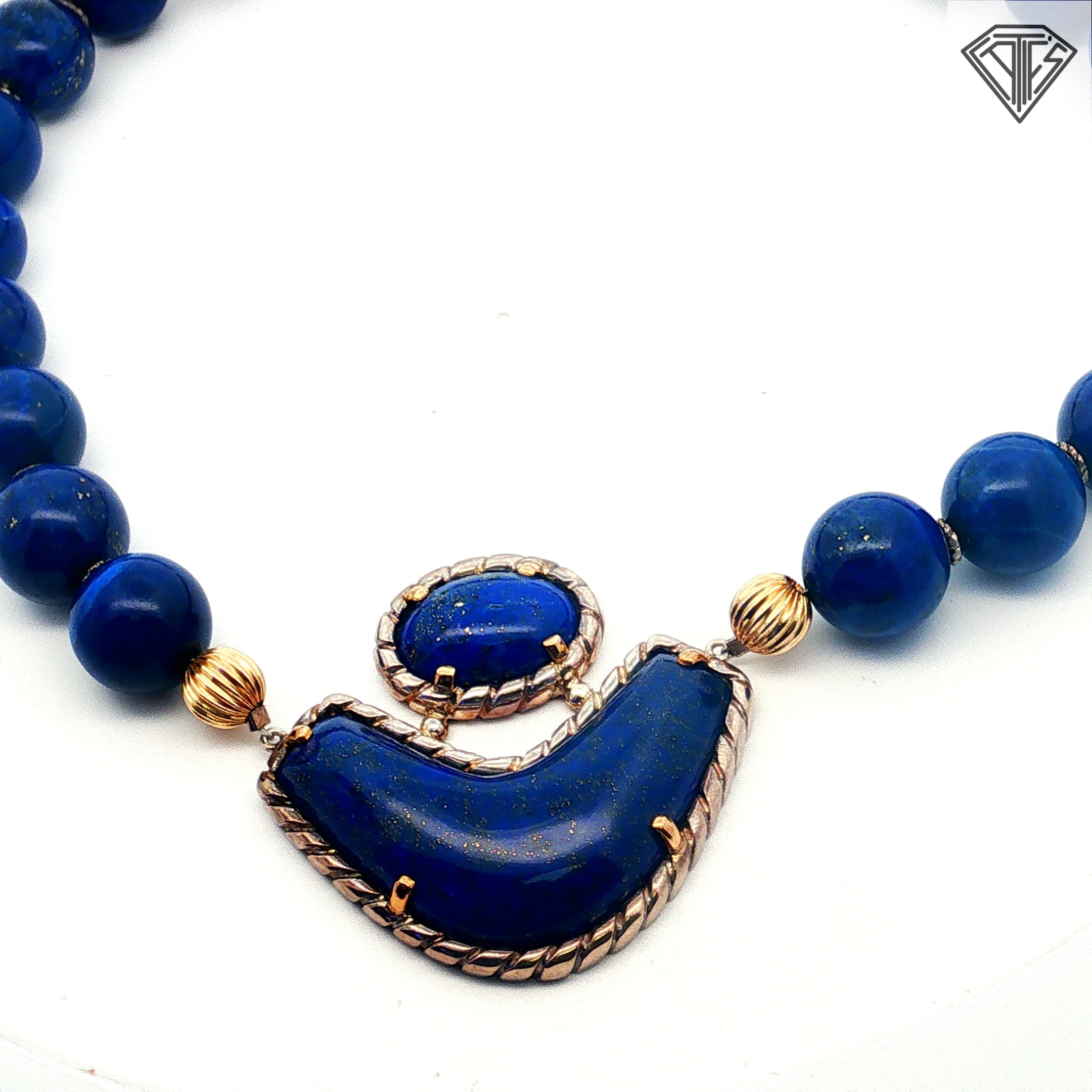 18k Yellow Gold and Silver Lapis Lazuli Bead 15mm Necklace