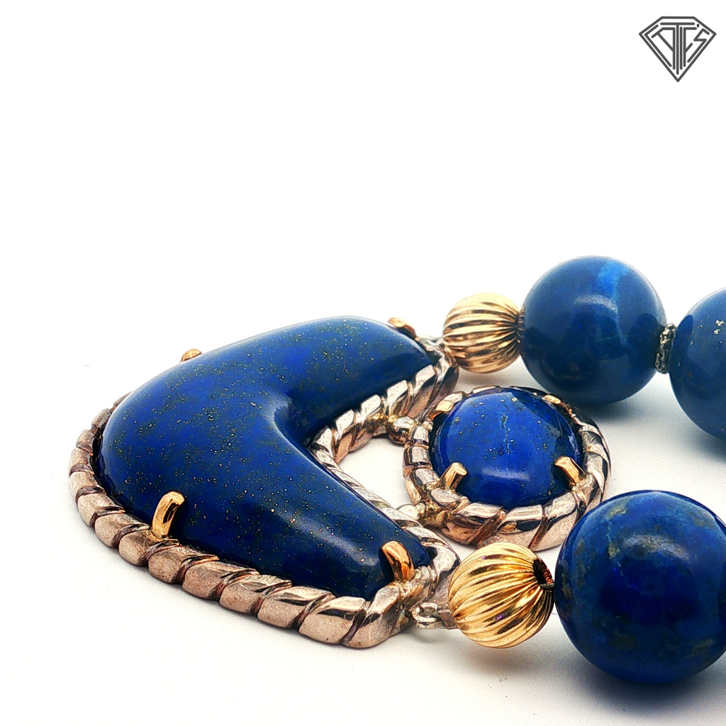 18k Yellow Gold and Silver Lapis Lazuli Bead 15mm Necklace