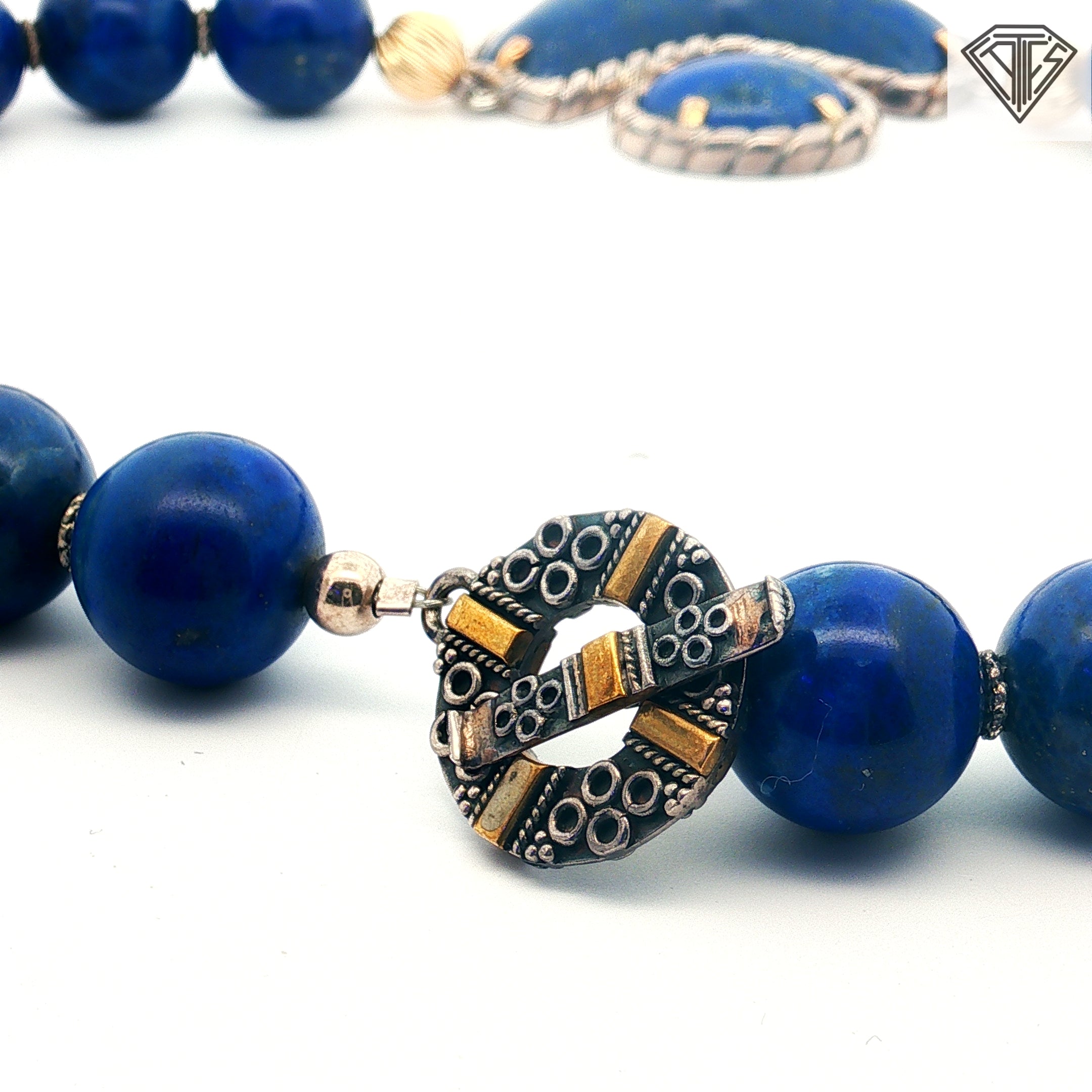 18k Yellow Gold and Silver Lapis Lazuli Bead 15mm Necklace