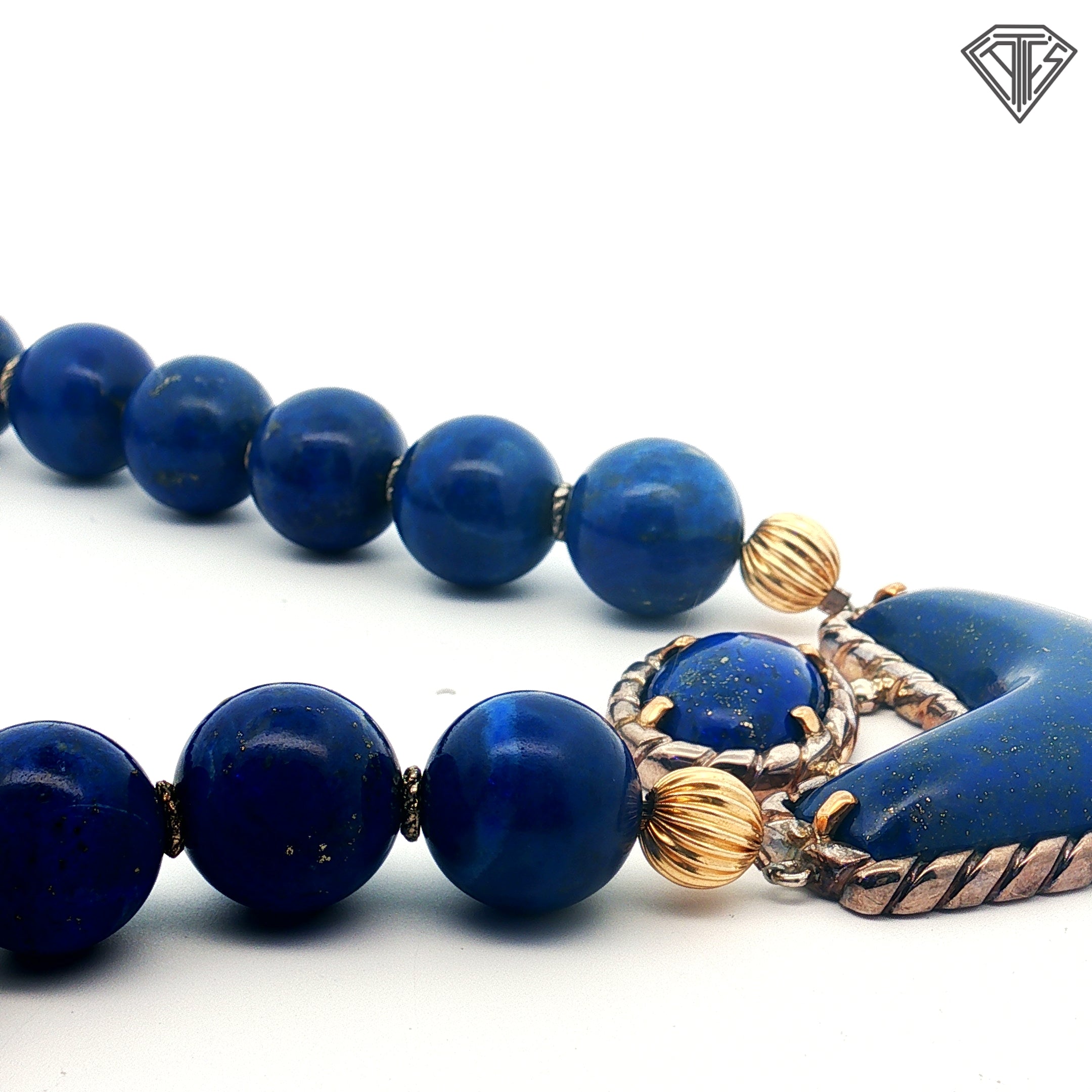 18k Yellow Gold and Silver Lapis Lazuli Bead 15mm Necklace