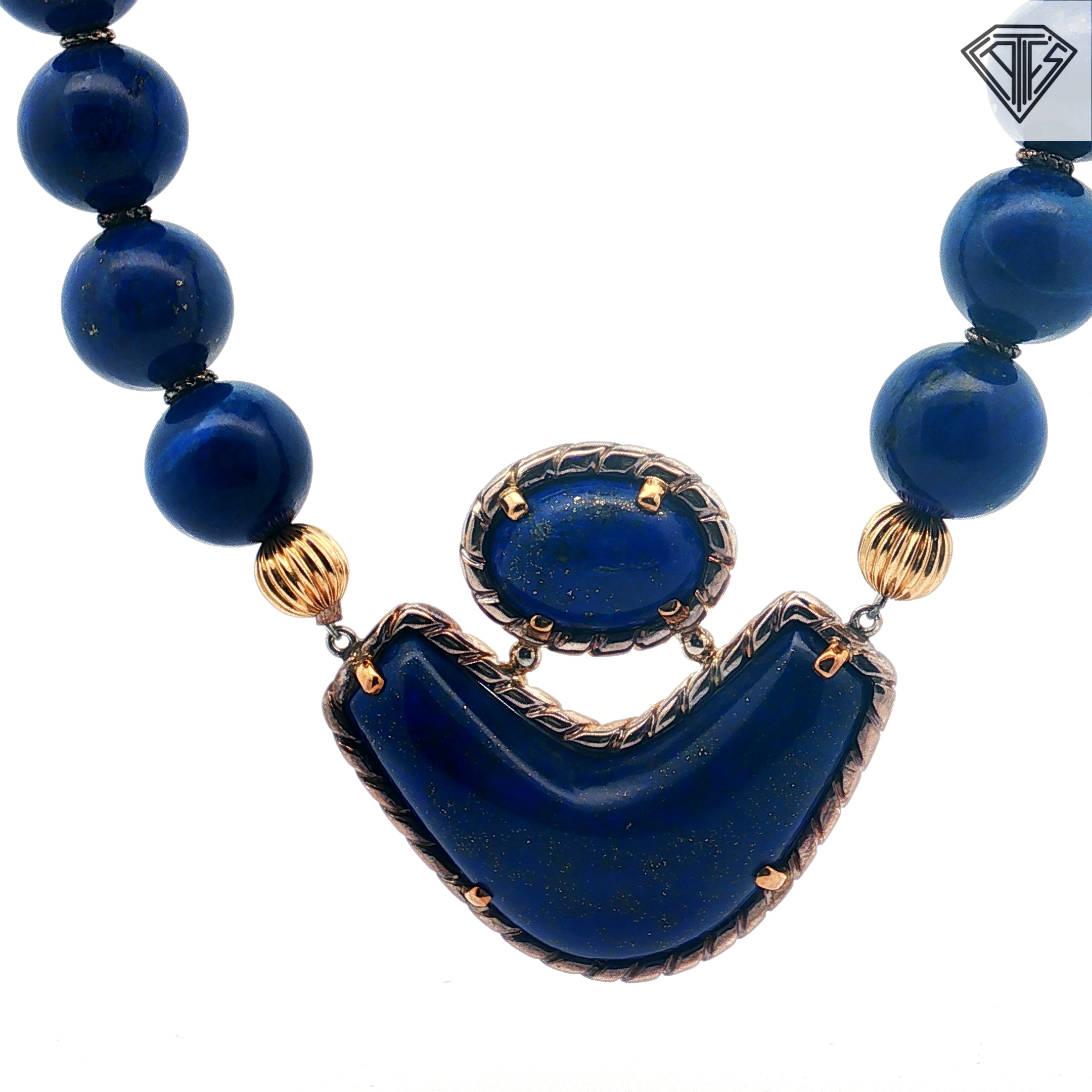 18k Yellow Gold and Silver Lapis Lazuli Bead 15mm Necklace