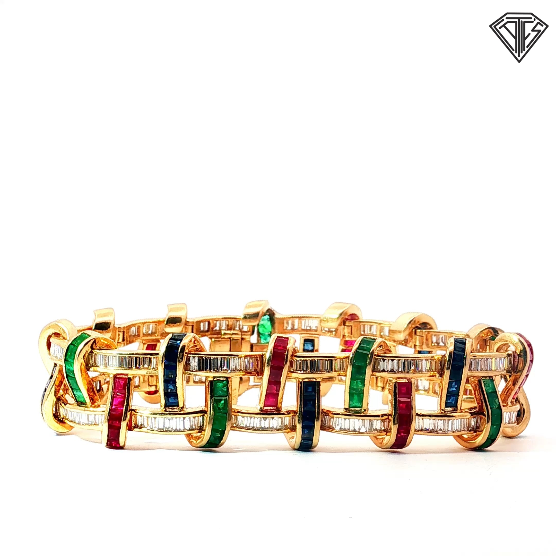 14k Yellow Gold 9.00ct G/H VS2/SI1 Baguette diamond / 3.00ct Blue Sapphire Baguette/ 2.75ct Emerald Baguette /2.25ct Ruby Baguette Calibrated Tutti Frutti Bracelet