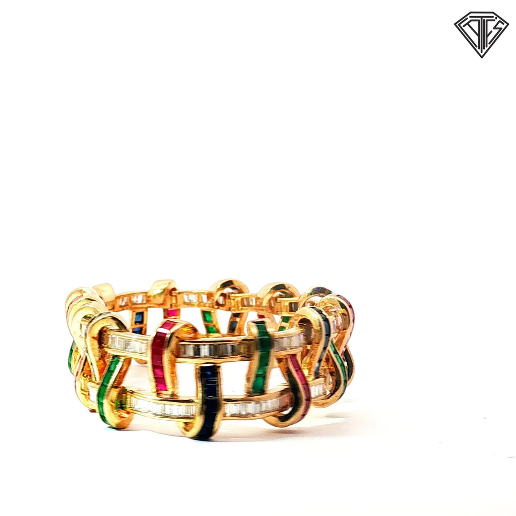 14k Yellow Gold 9.00ct G/H VS2/SI1 Baguette diamond / 3.00ct Blue Sapphire Baguette/ 2.75ct Emerald Baguette /2.25ct Ruby Baguette Calibrated Tutti Frutti Bracelet
