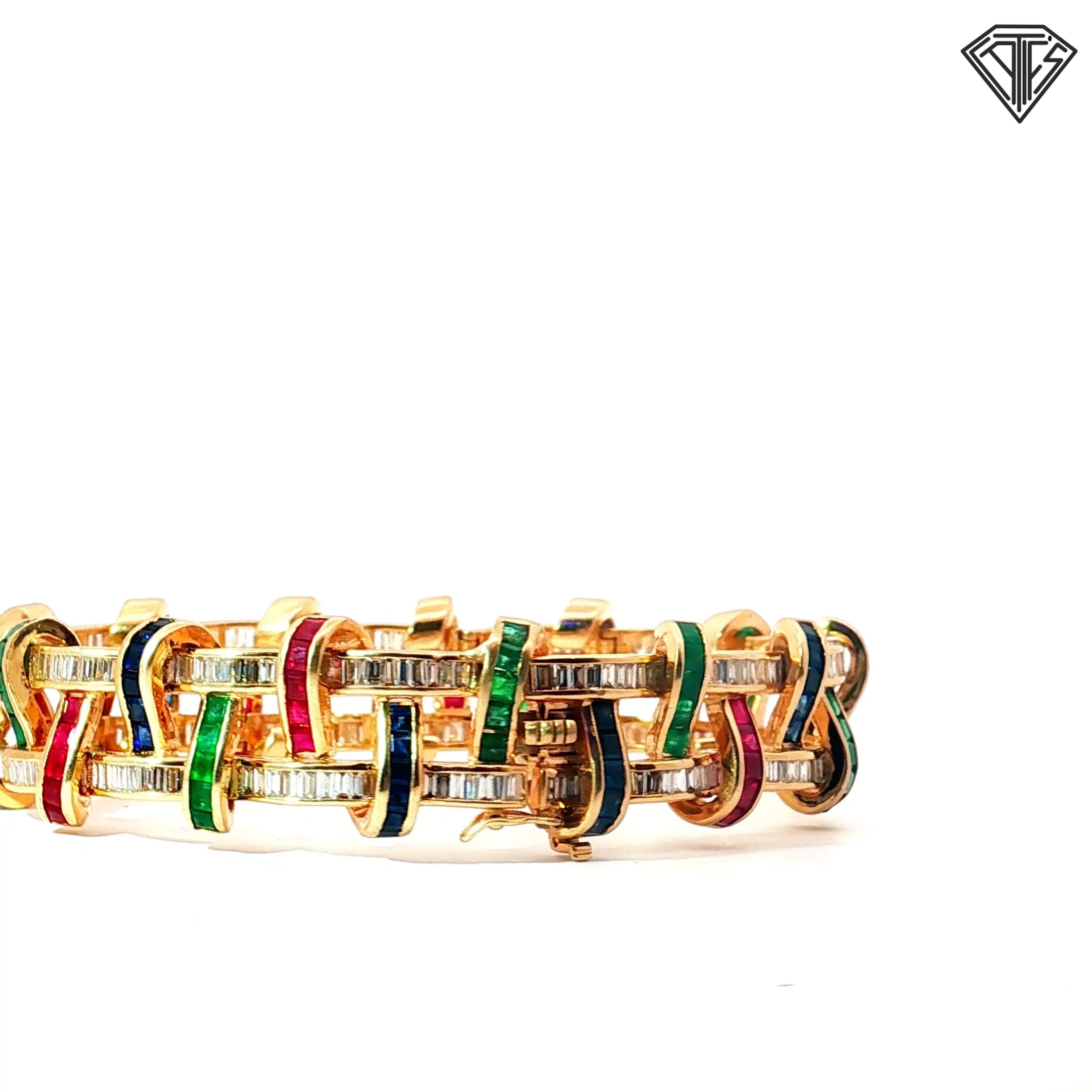 14k Yellow Gold 9.00ct G/H VS2/SI1 Baguette diamond / 3.00ct Blue Sapphire Baguette/ 2.75ct Emerald Baguette /2.25ct Ruby Baguette Calibrated Tutti Frutti Bracelet