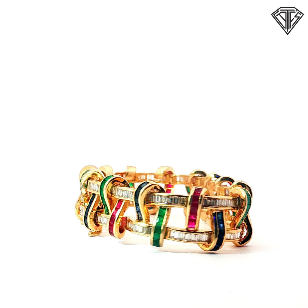14k Yellow Gold 9.00ct G/H VS2/SI1 Baguette diamond / 3.00ct Blue Sapphire Baguette/ 2.75ct Emerald Baguette /2.25ct Ruby Baguette Calibrated Tutti Frutti Bracelet