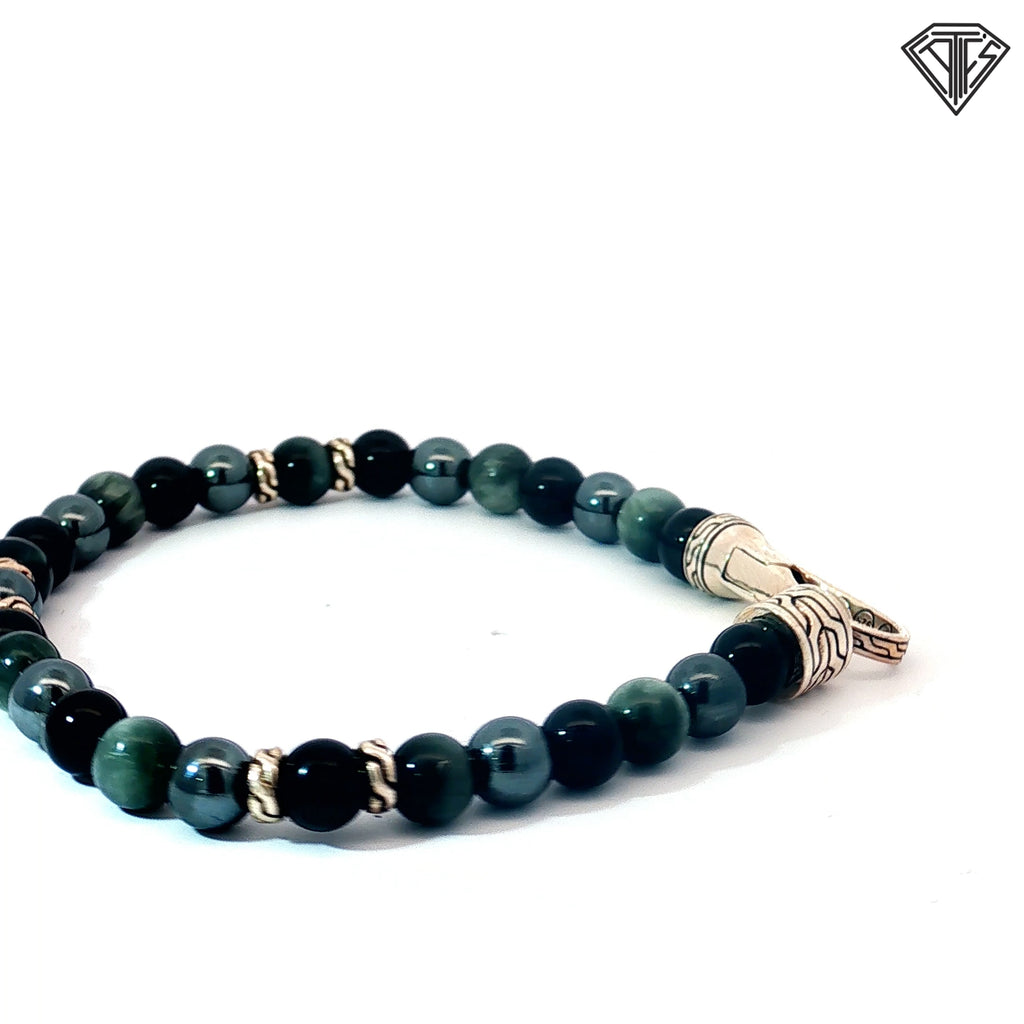 Pre-Loved John Hardy Classic Beaded Onyx Eagle Eye Hematite Bracelet  6mm 8"inch