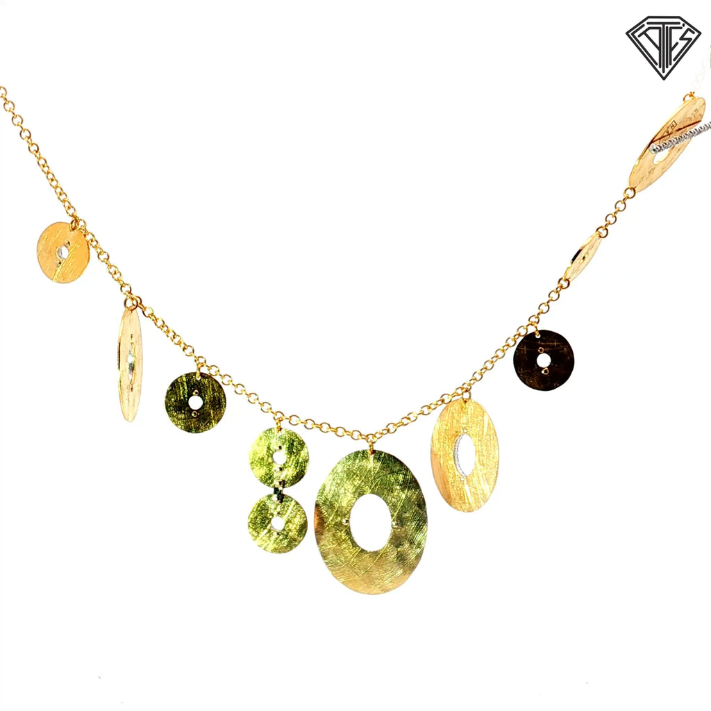 18k Yellow Gold .60ct G VS2 Round Diamond  Matted/ Hand-Carved / Pave Set/ Graduated Necklace with Toggle Clasp 14.5 gram Design by Nanis Italian Jewels the Vicenza House Founder in 1990 and Known For It's Hand Engraved d Gold