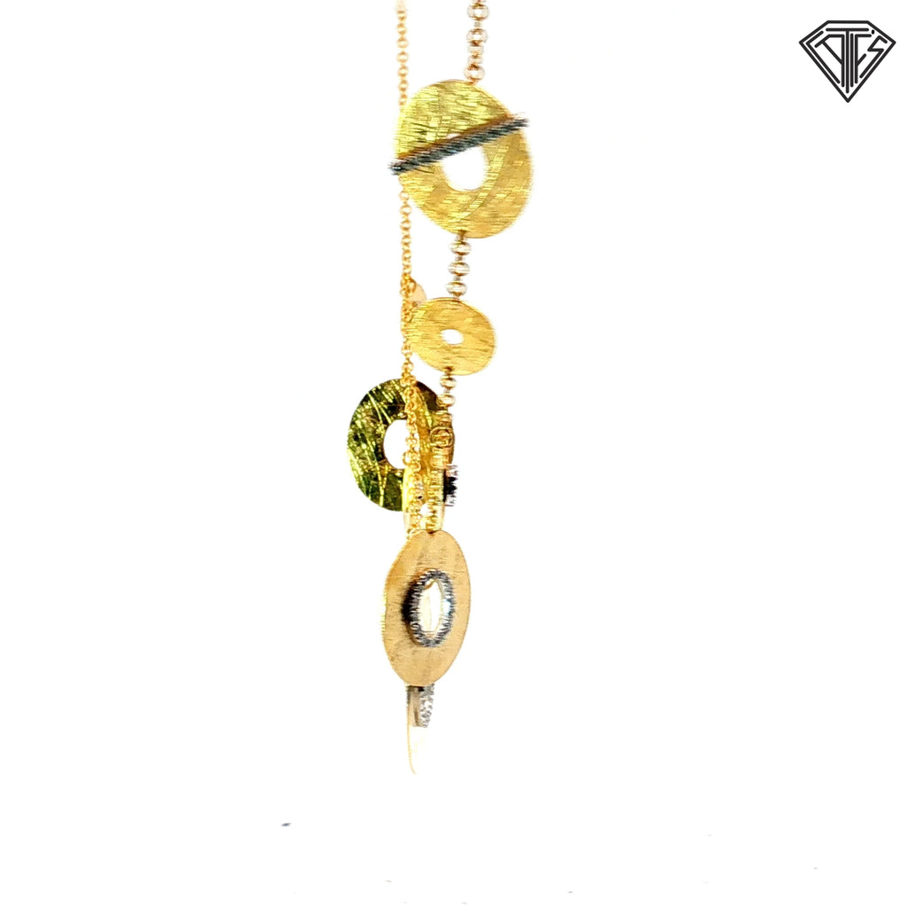 18k Yellow Gold .60ct G VS2 Round Diamond  Matted/ Hand-Carved / Pave Set/ Graduated Necklace with Toggle Clasp 14.5 gram Design by Nanis Italian Jewels the Vicenza House Founder in 1990 and Known For It's Hand Engraved d Gold