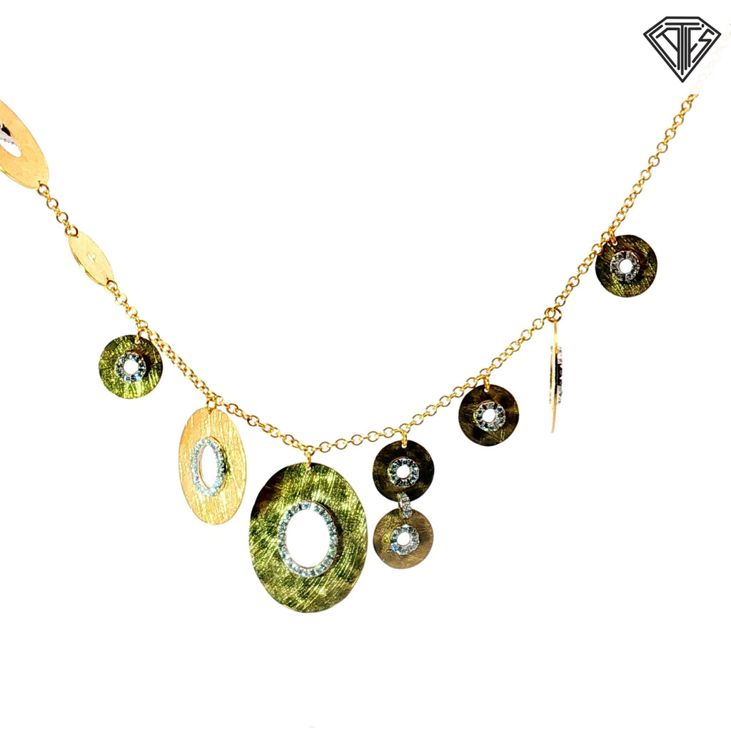 18k Yellow Gold .60ct G VS2 Round Diamond  Matted/ Hand-Carved / Pave Set/ Graduated Necklace with Toggle Clasp 14.5 gram Design by Nanis Italian Jewels the Vicenza House Founder in 1990 and Known For It's Hand Engraved d Gold