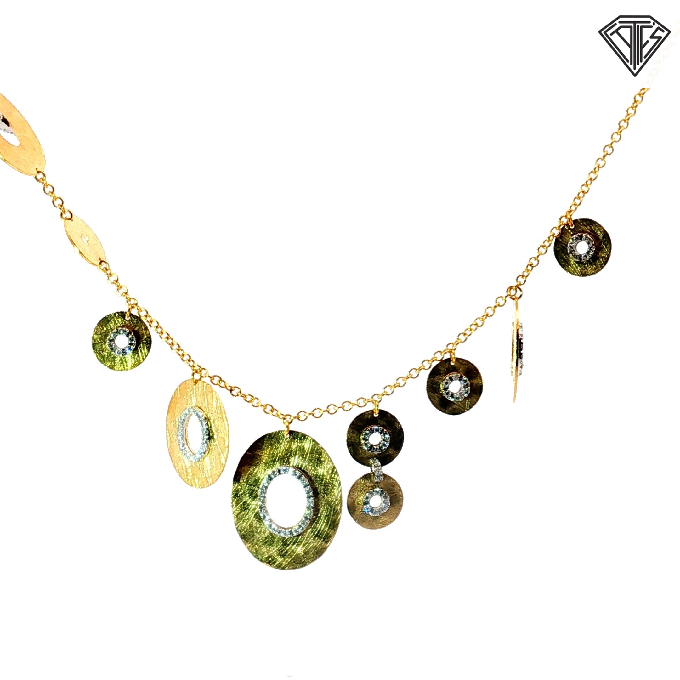 18k Yellow Gold .60ct G VS2 Round Diamond  Matted/ Hand-Carved / Pave Set/ Graduated Necklace with Toggle Clasp 14.5 gram Design by Nanis Italian Jewels the Vicenza House Founder in 1990 and Known For It's Hand Engraved d Gold