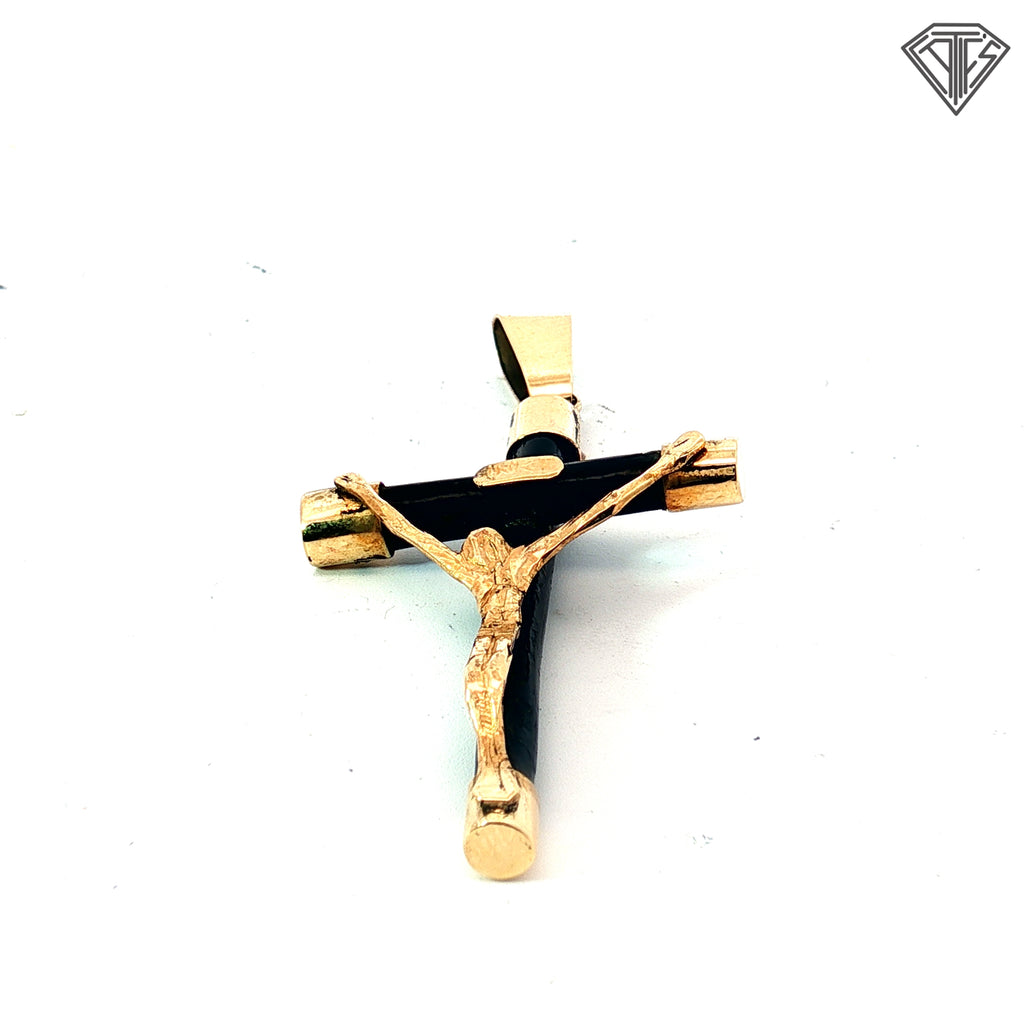 14k Yellow Gold Onyx Crucifix Cross Pendant