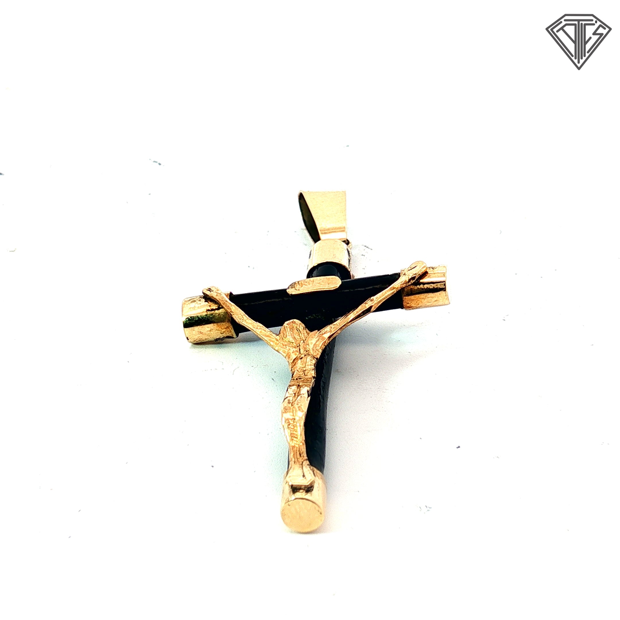 14k Yellow Gold Onyx Crucifix Cross Pendant