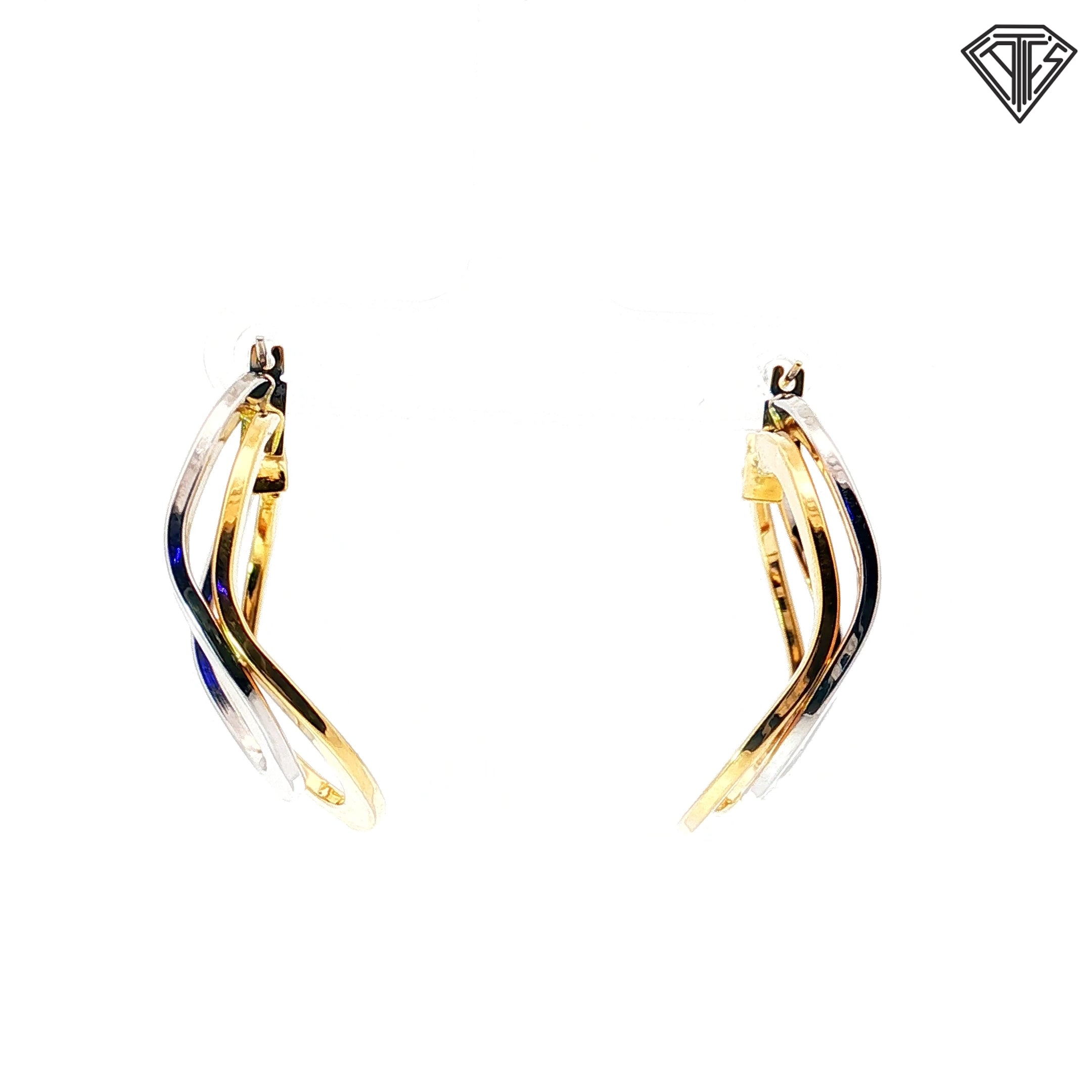 18k Two Tone Square Wave Wide Polished Hoop Earrings 6.0 gram